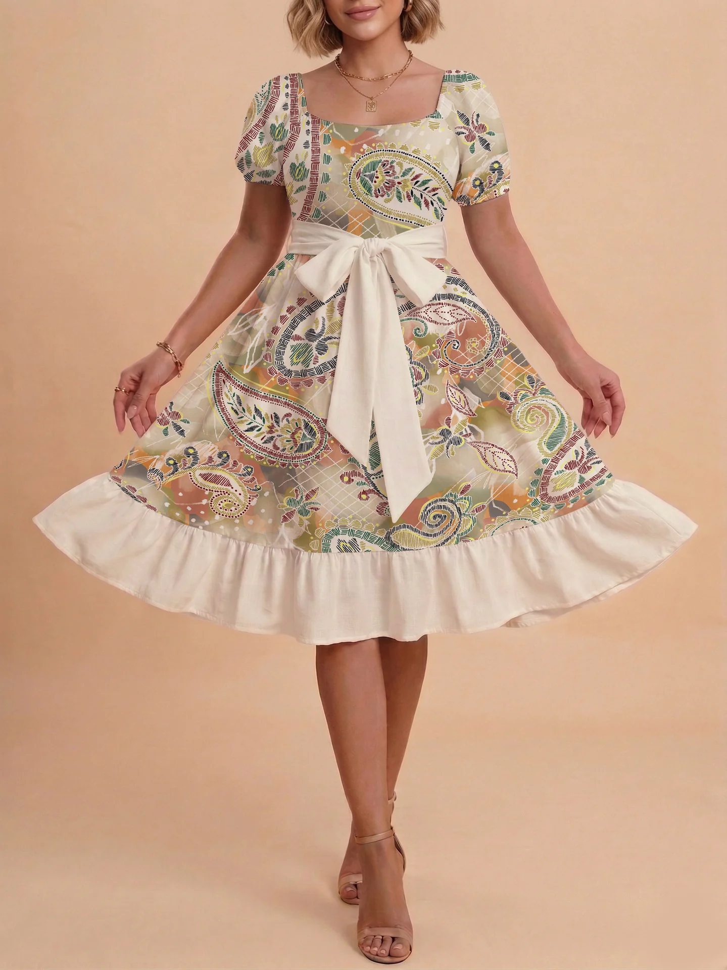Damen modernes Blumenkleid mit elegantem Taillengürtel und asymmetrischem Saum R&B - Image 17