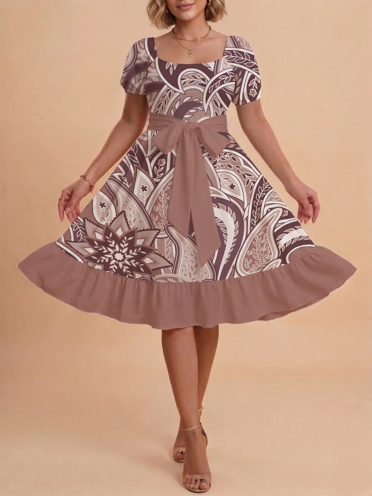 Damen modernes Blumenkleid mit elegantem Taillengürtel und asymmetrischem Saum R&B - Image 18