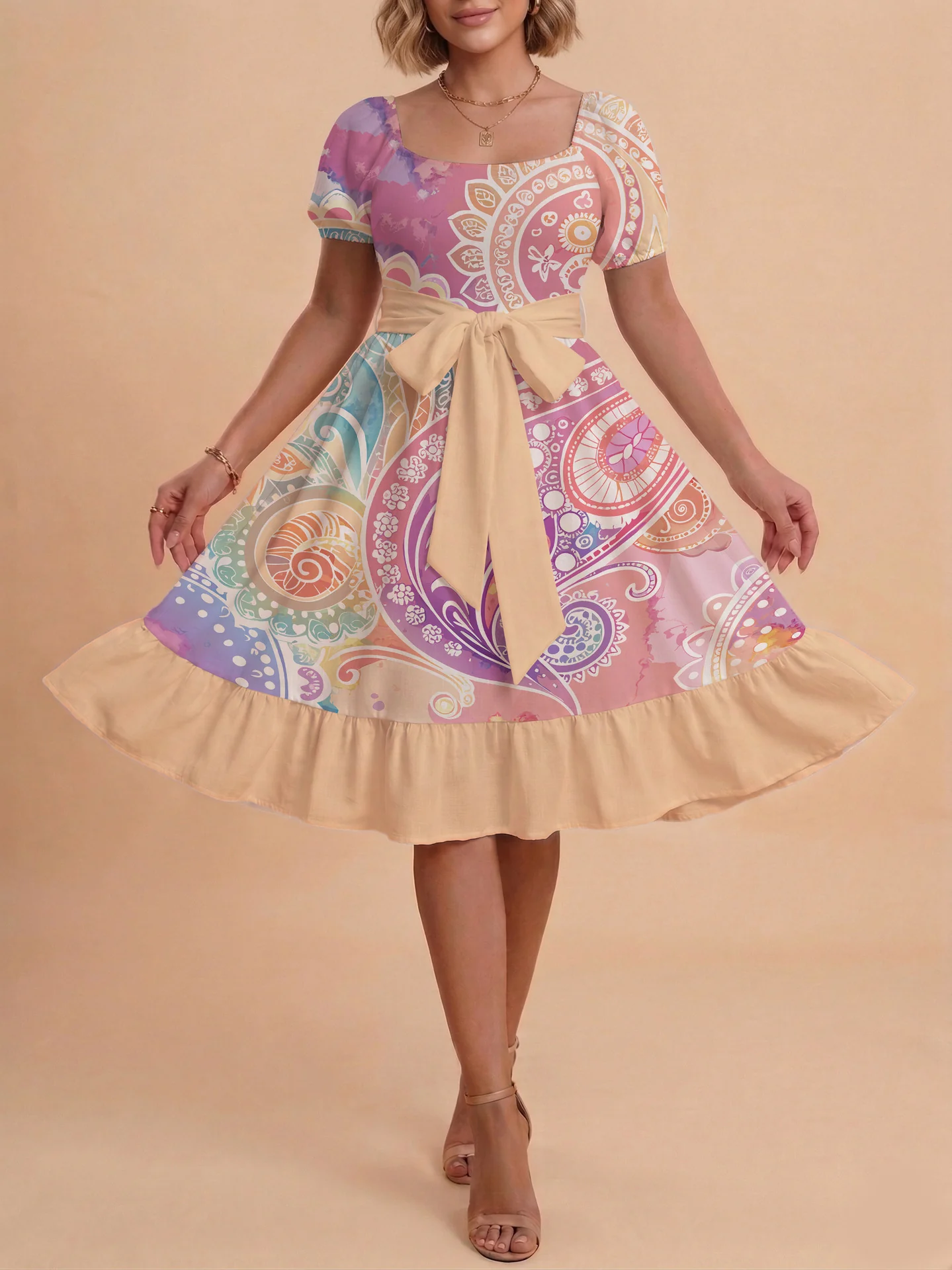 Damen modernes Blumenkleid mit elegantem Taillengürtel und asymmetrischem Saum R&B - Image 27