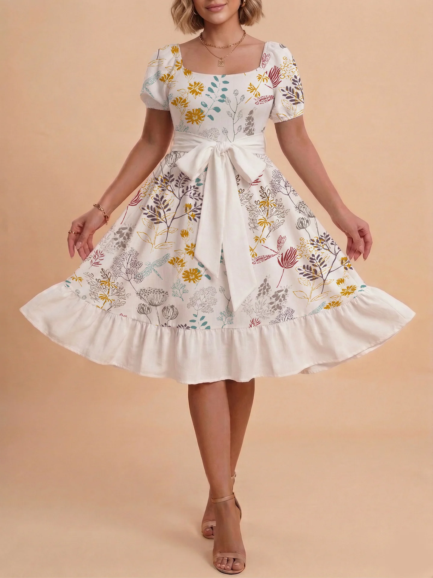 Damen modernes Blumenkleid mit elegantem Taillengürtel und asymmetrischem Saum R&B - Image 35