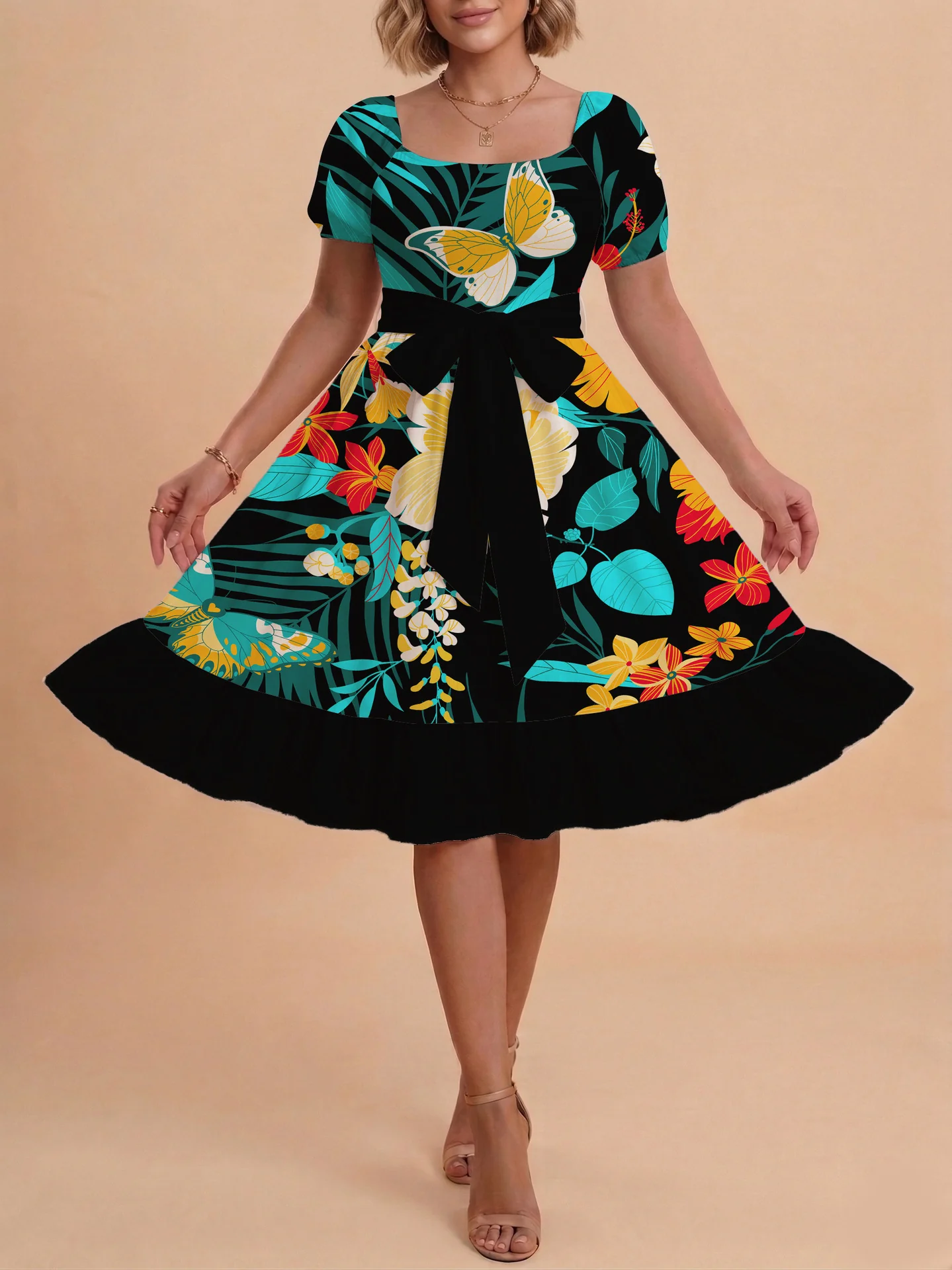 Damen modernes Blumenkleid mit elegantem Taillengürtel und asymmetrischem Saum R&B - Image 42