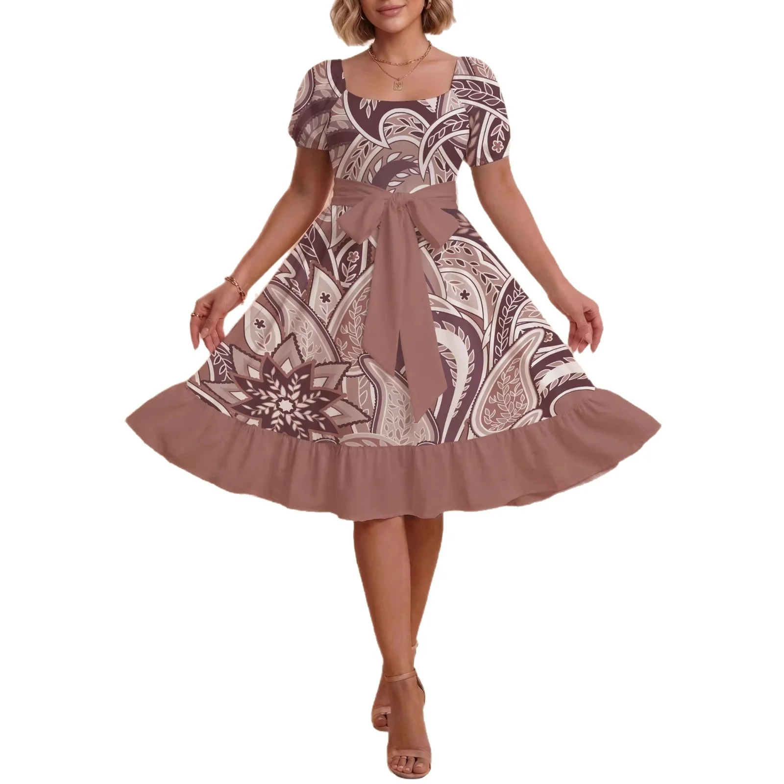 Damen modernes Blumenkleid mit elegantem Taillengürtel und asymmetrischem Saum R&B - Image 5