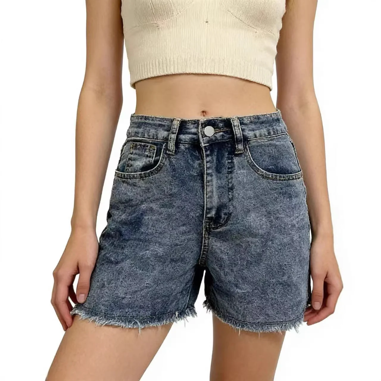 Damen modische Denim-Shorts im lässigen Schnitt mit fransigem Saum R&B