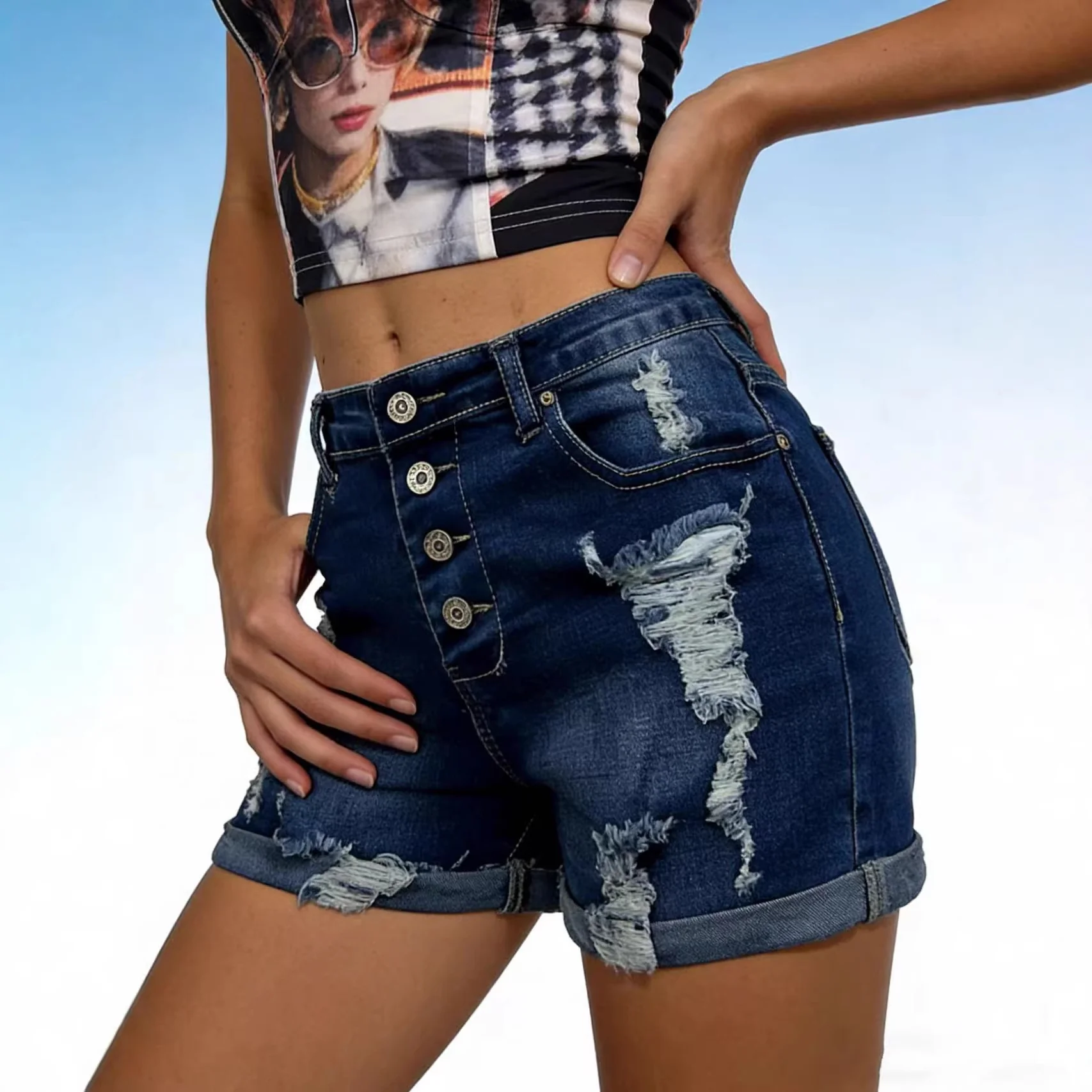 Damen modische Destroyed Denim-Shorts mit Knopfleiste R&B - Image 3