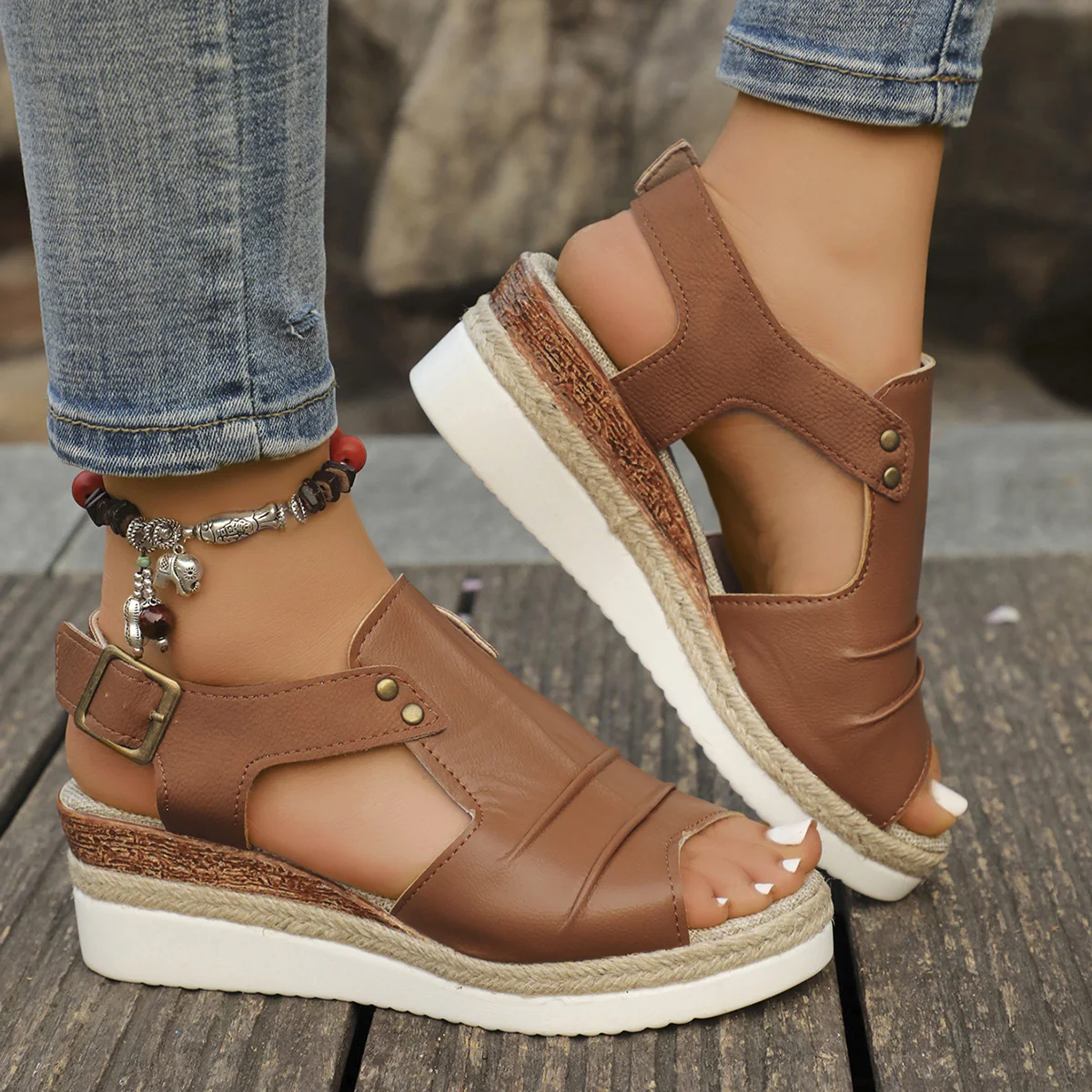 Damen modische Keilsandalen mit verstellbarem Riemen und hochwertiger Sohle R&B - Image 2