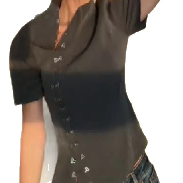 Damen modische Kurzarm-Bluse mit innovativem Schnitt und stylischen Knöpfen R&B - Image 5