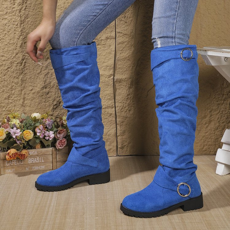Damen modische Overkneestiefel mit lässigem Falten-Look und robustem Profil R&B