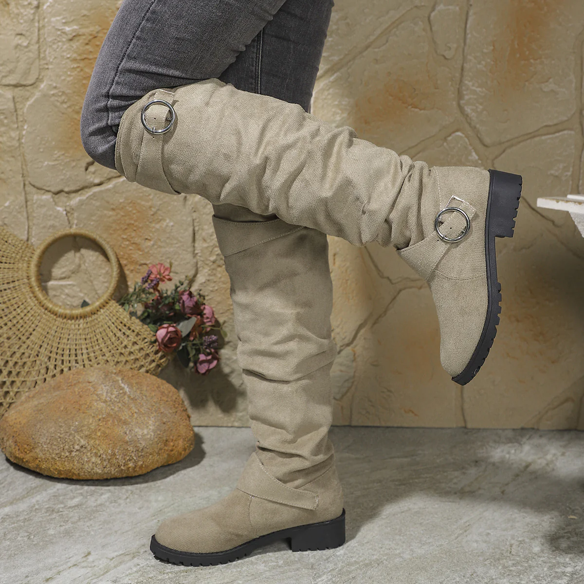 Damen modische Overkneestiefel mit lässigem Falten-Look und robustem Profil R&B - Image 6