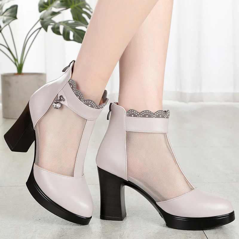 Damen Modische Peep-Toe Stiefeletten mit eleganter Mesh-Ansicht und hohem Blockabsatz R&B - Image 4
