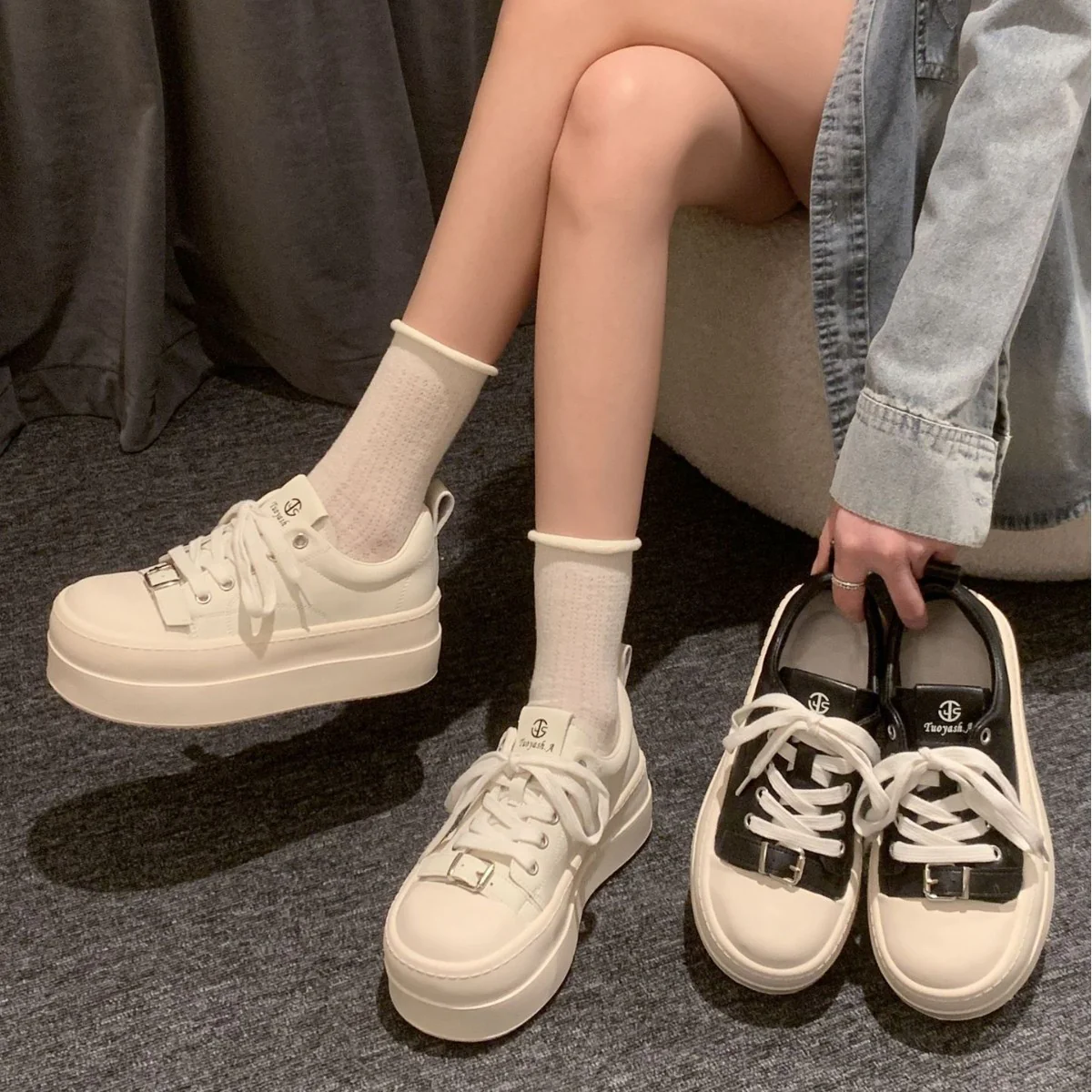 Damen modische Plattform-Sneaker mit elastischem Schnürsystem und robustem Sohlenprofil R&B - Image 3