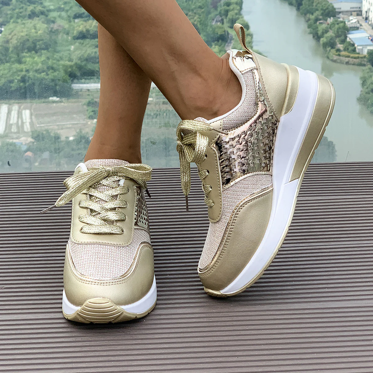 Damen modische Sneakers mit atmungsaktivem Obermaterial und eleganten Glitzerakzenten R&B - Image 2
