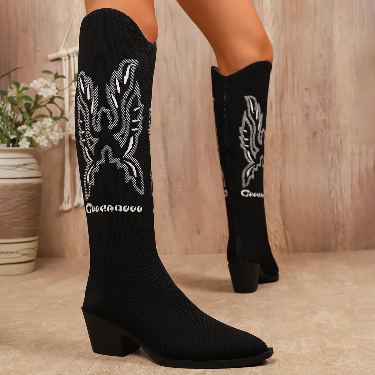 Damen Modische Stiefel mit hochwertigem Strickdesign und elegantem Blockabsatz R&B - Image 2