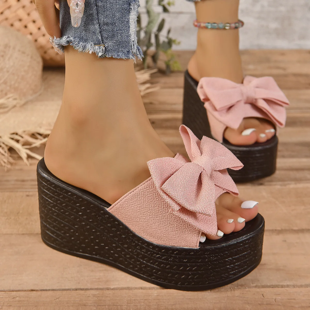 Damen modische Wedge-Pantoletten mit verzierten Schleifen R&B
