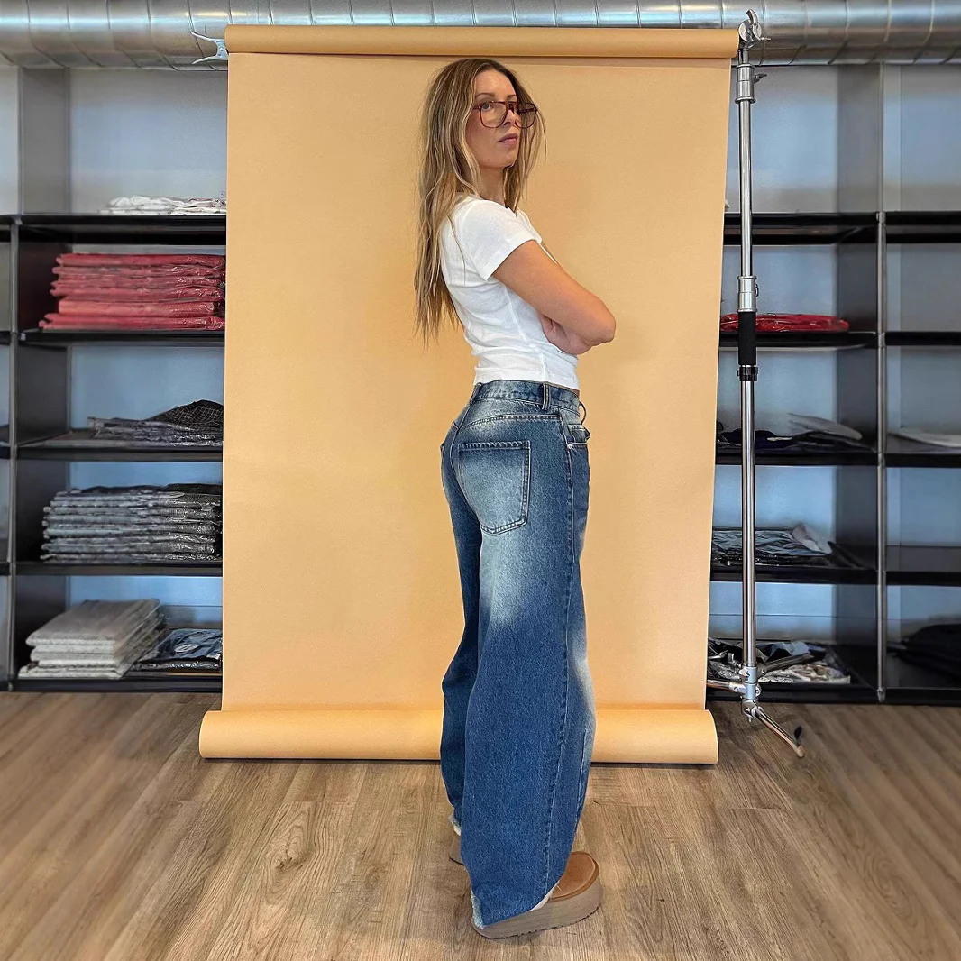 Damen modische weite Jeans mit einzigartigem Schnitt und hohem Bund R&B - Image 3