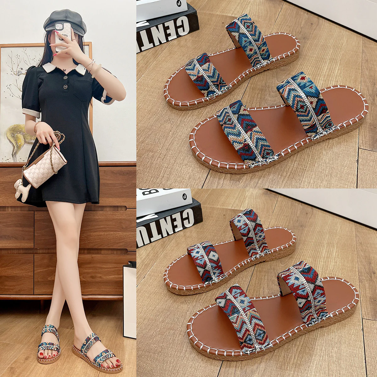 Damen modische Zehentrenner-Sandalen mit handgewebtem Textil-R&B - Image 4