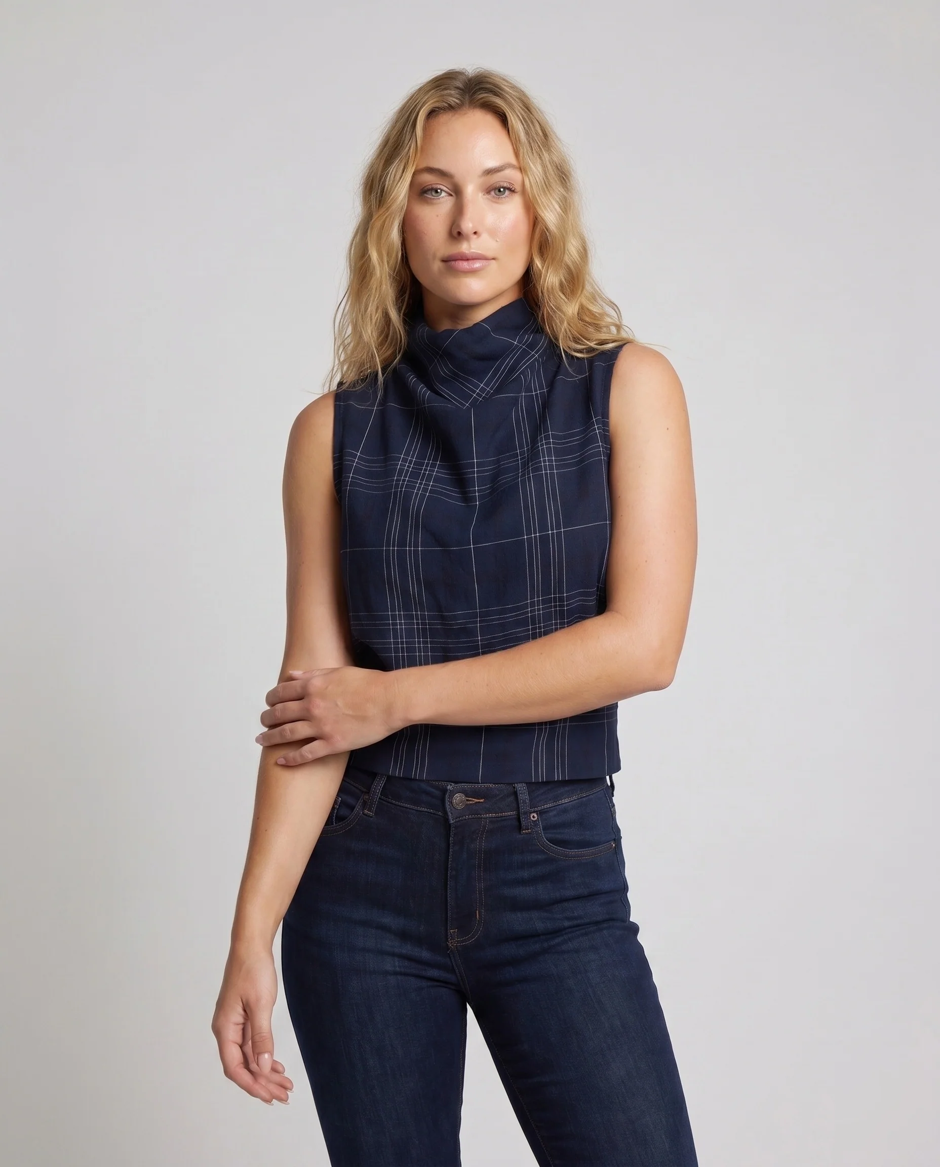 Damen Modisches Crop-Top mit elegantem Stehkragen und Karomuster R&B - Image 2