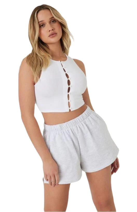 Damen modisches Crop-Top mit Knopfleiste und dezentem Rippdesign R&B - Image 3