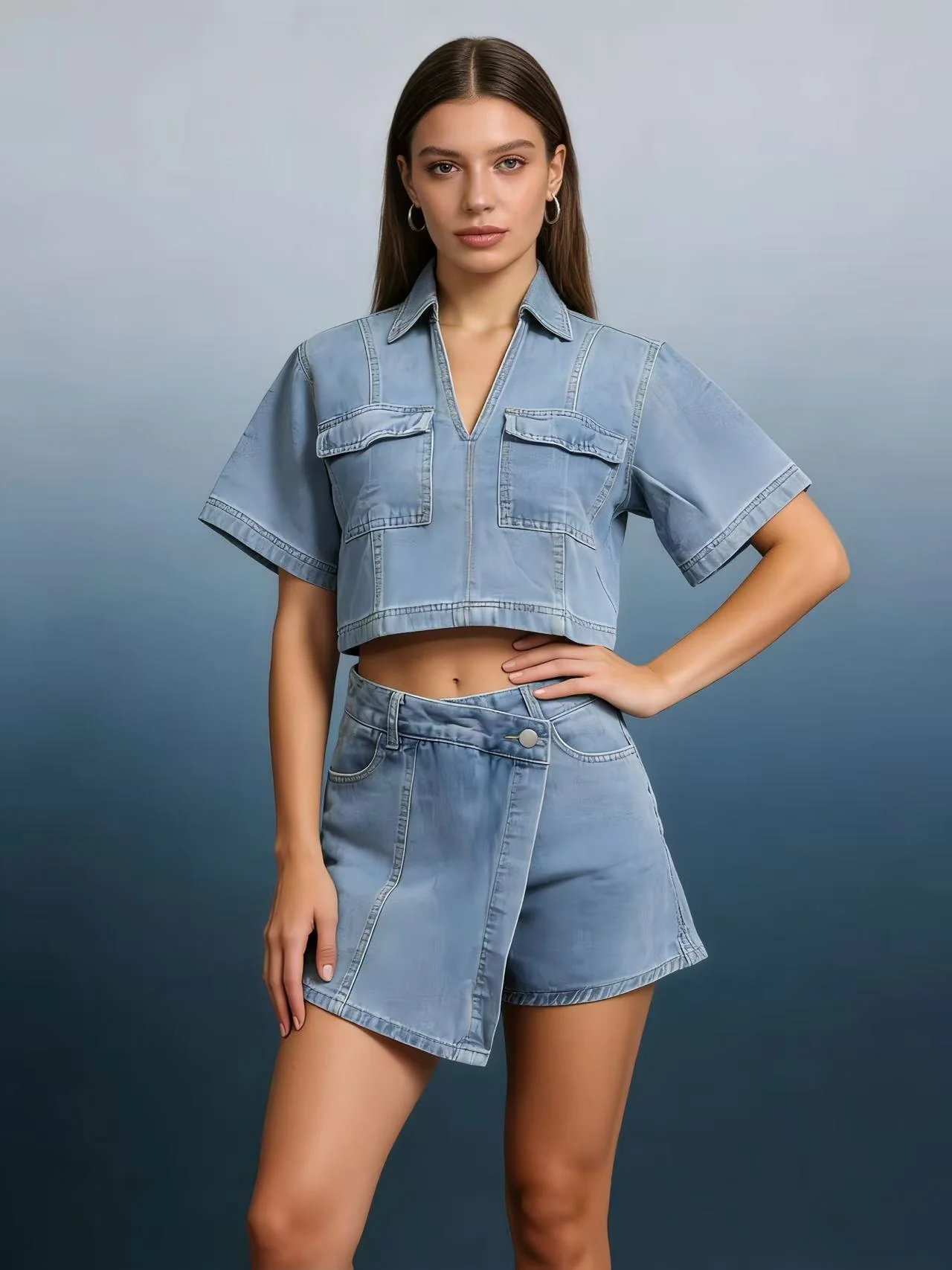 Damen modisches cropped Hemd mit aufgesetzten Taschen und lässigen Shorts R&B - Image 8