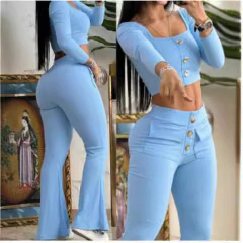 Damen modisches cropped Oberteil mit Flared-Hose und Knopfdetails R&B - Image 3