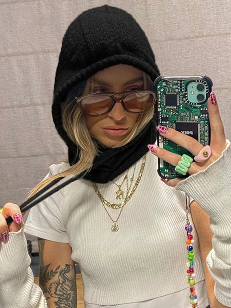 Damen modisches Strickoberteil mit Kapuze und langen Ärmeln R&B