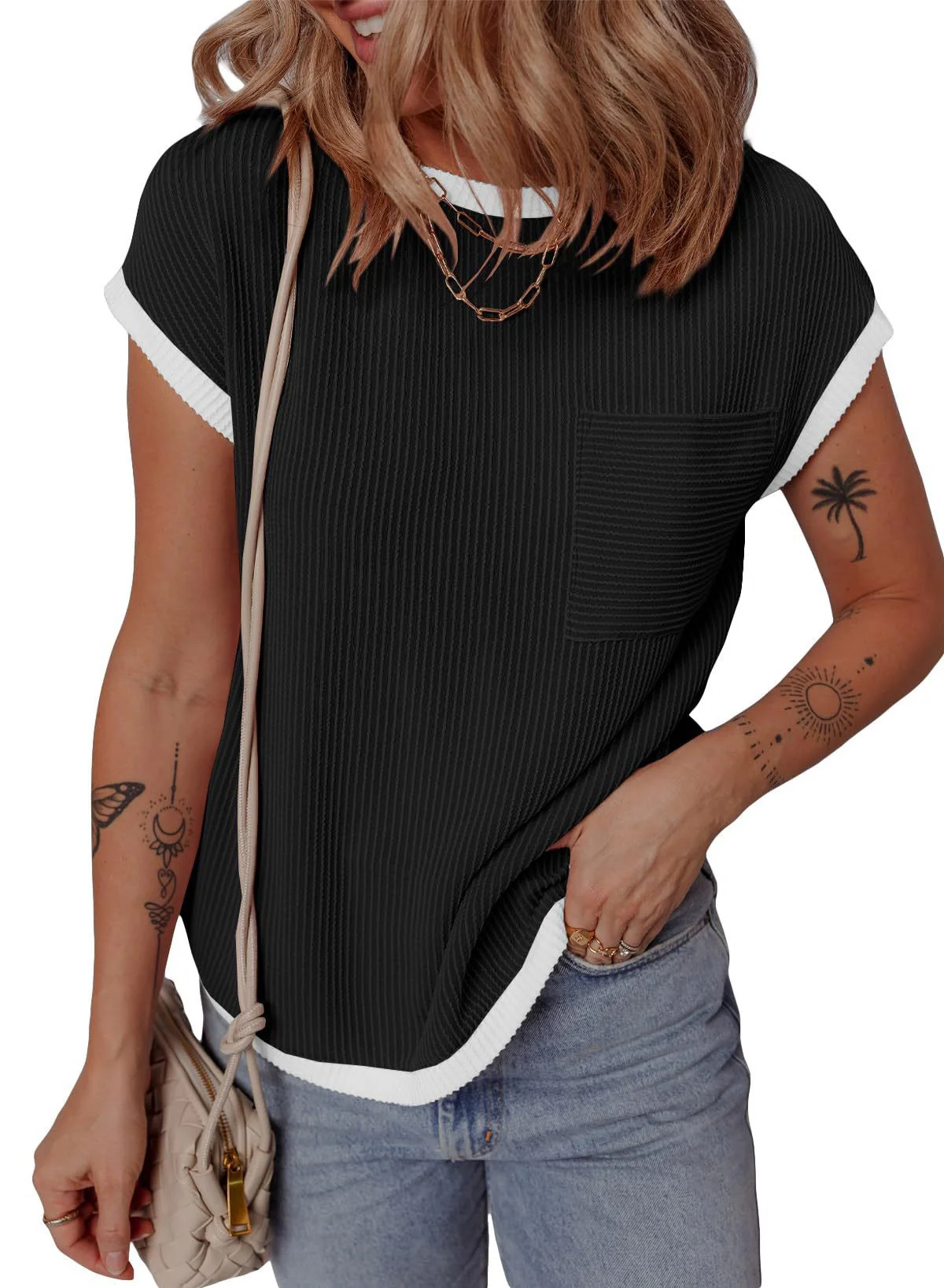 Damen modisches T-Shirt mit strukturiertem Material und Brusttasche R&B - Image 11