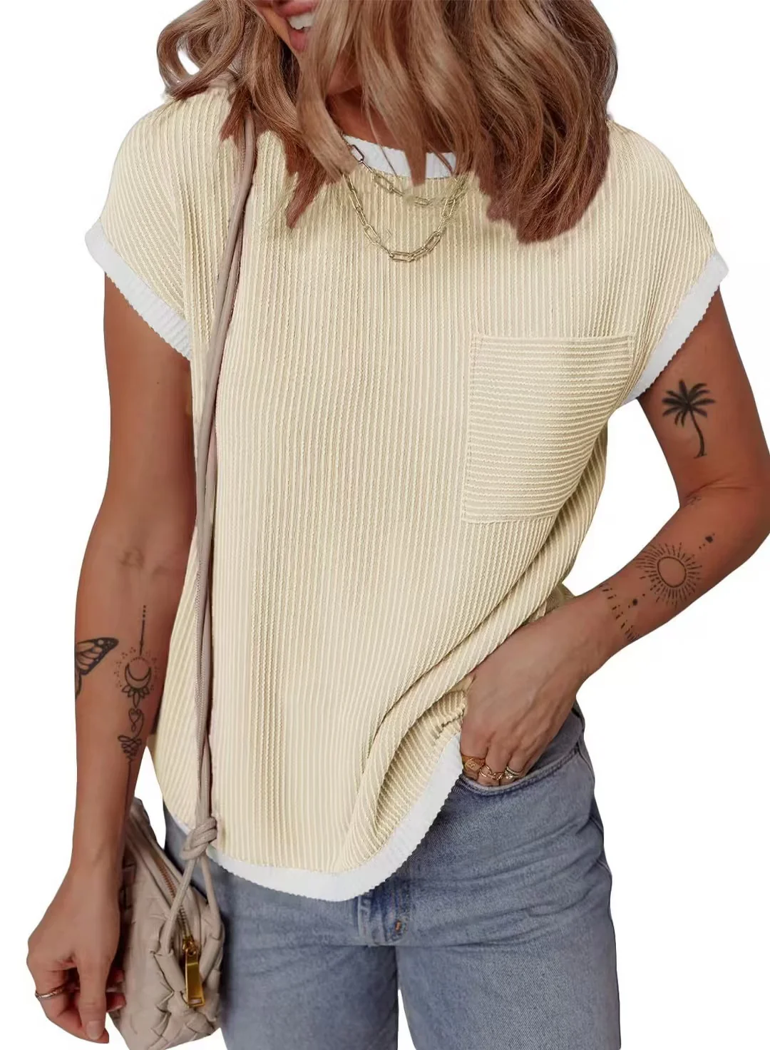 Damen modisches T-Shirt mit strukturiertem Material und Brusttasche R&B - Image 8