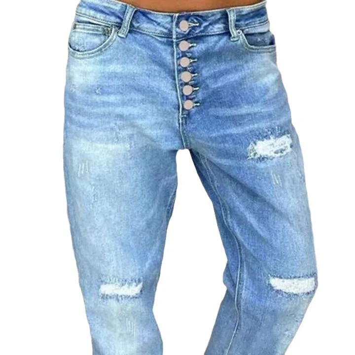 Damen Mom-Jeans mit Knopfverschluss und stylischen Distressed-Details R&B - Image 5