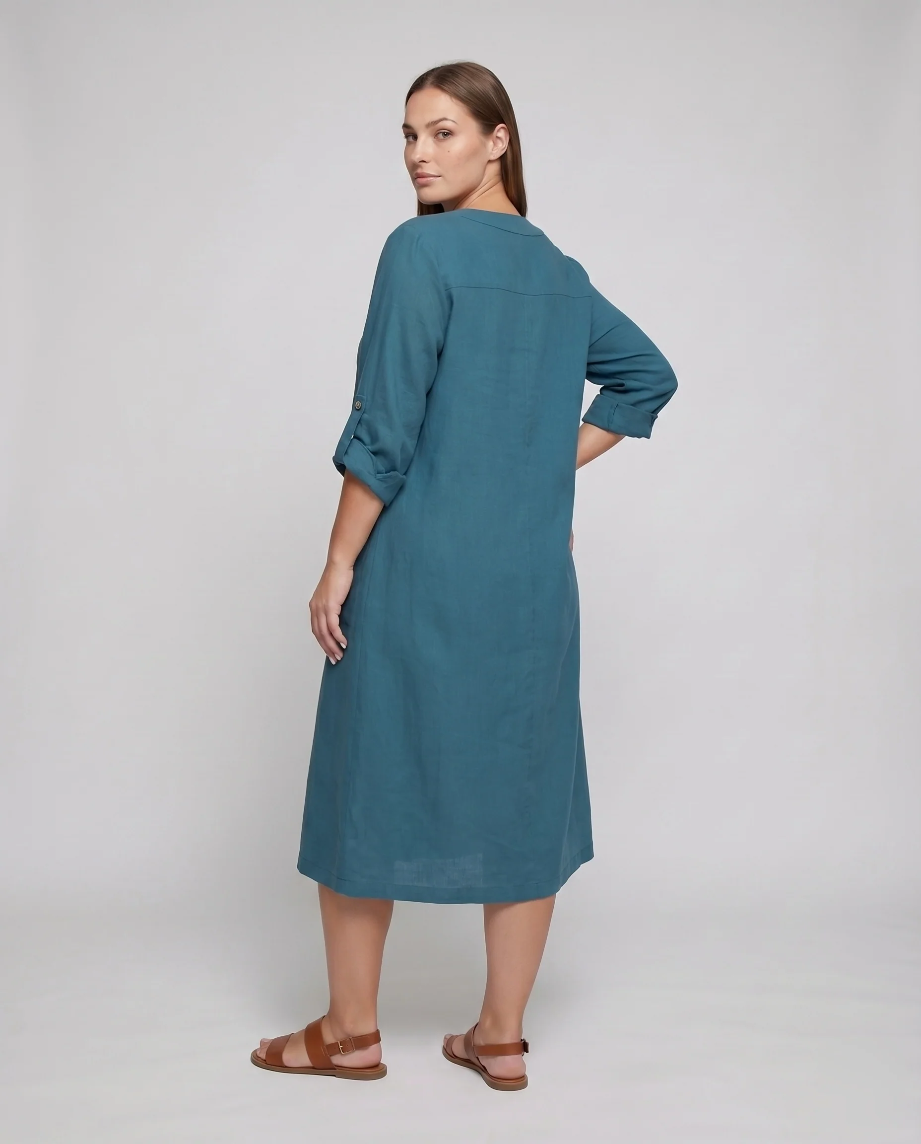 Damen Leinenkleid V-Ausschnitt Aufgesetzte Taschen Krempelärmel - Image 4