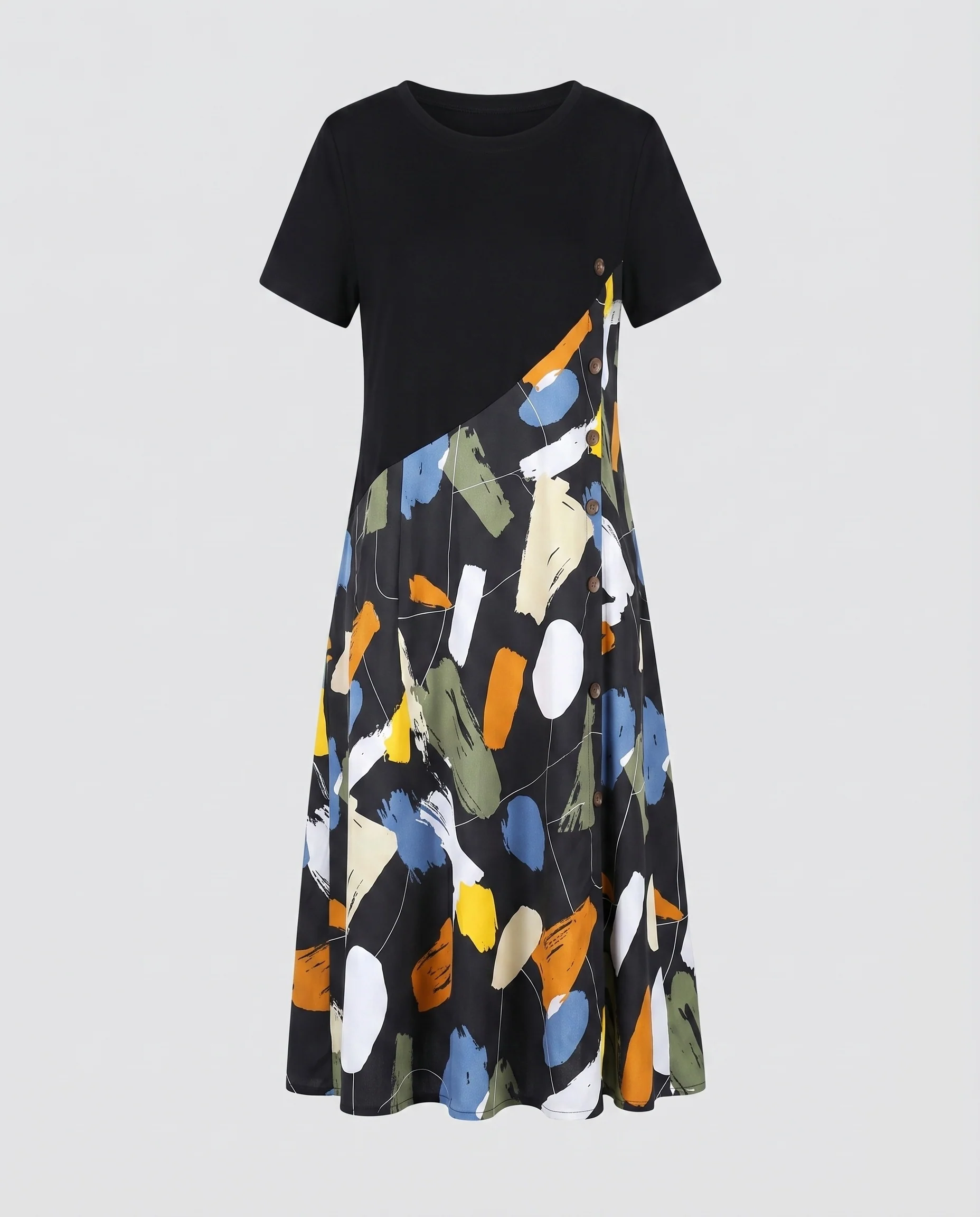 Damen A-Linien-Midikleid Printrock Rundhals Kontrast-Oberteil - Image 5