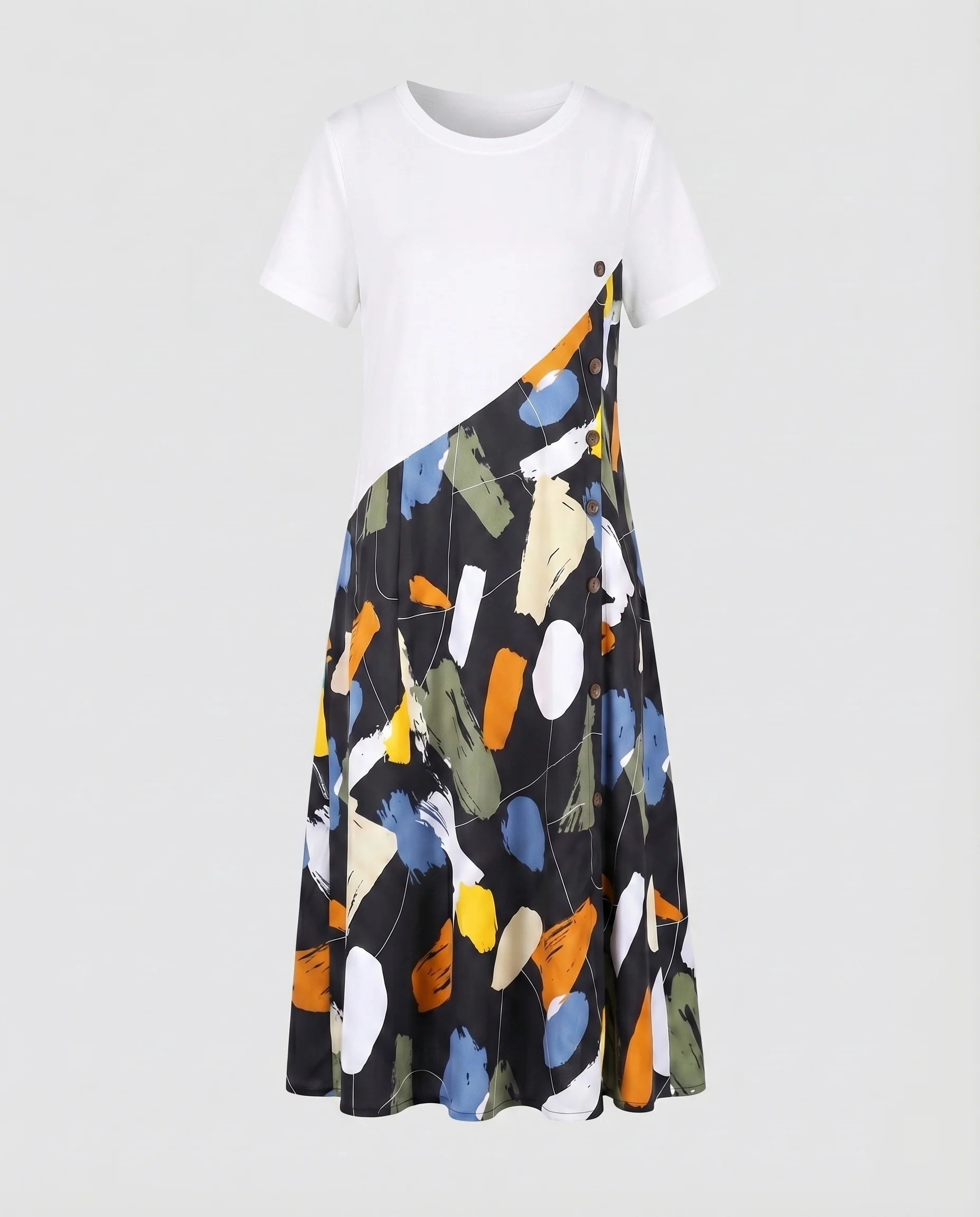 Damen A-Linien-Midikleid Printrock Rundhals Kontrast-Oberteil - Image 6