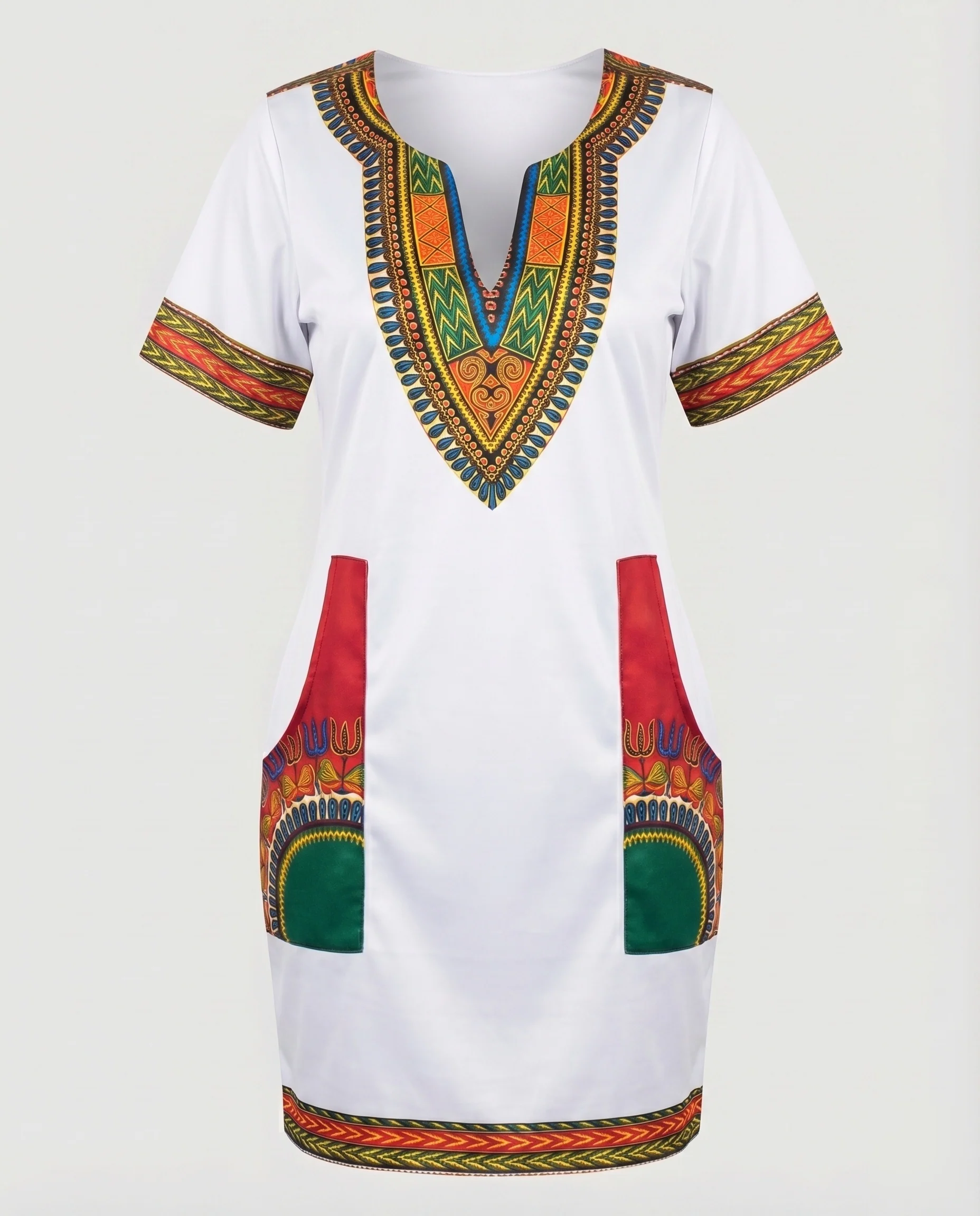 Damen Etuikleid V-Ausschnitt Ornament-Bordüre Aufgesetzte Taschen - Image 6
