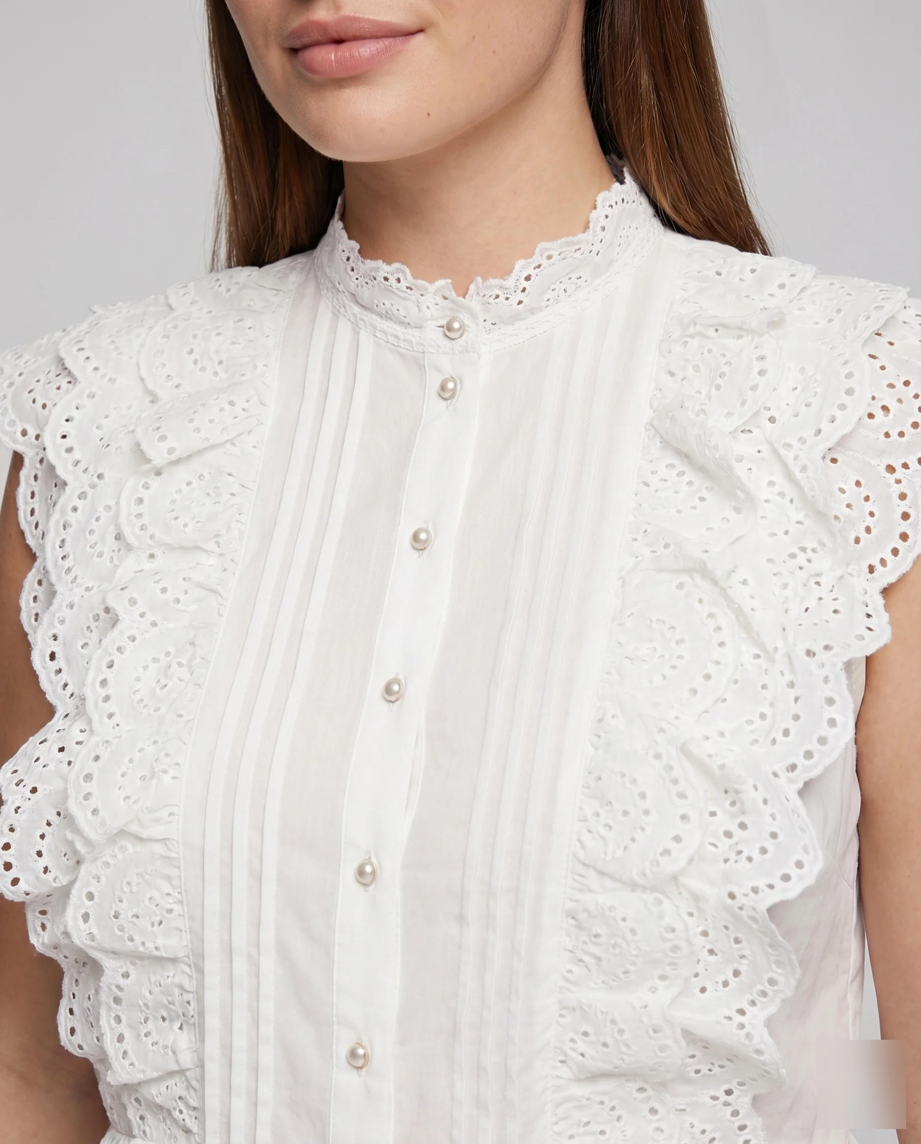 Damen Spitzenbluse Stufenvolants Biesenfront Perlenknopfleiste - Image 3