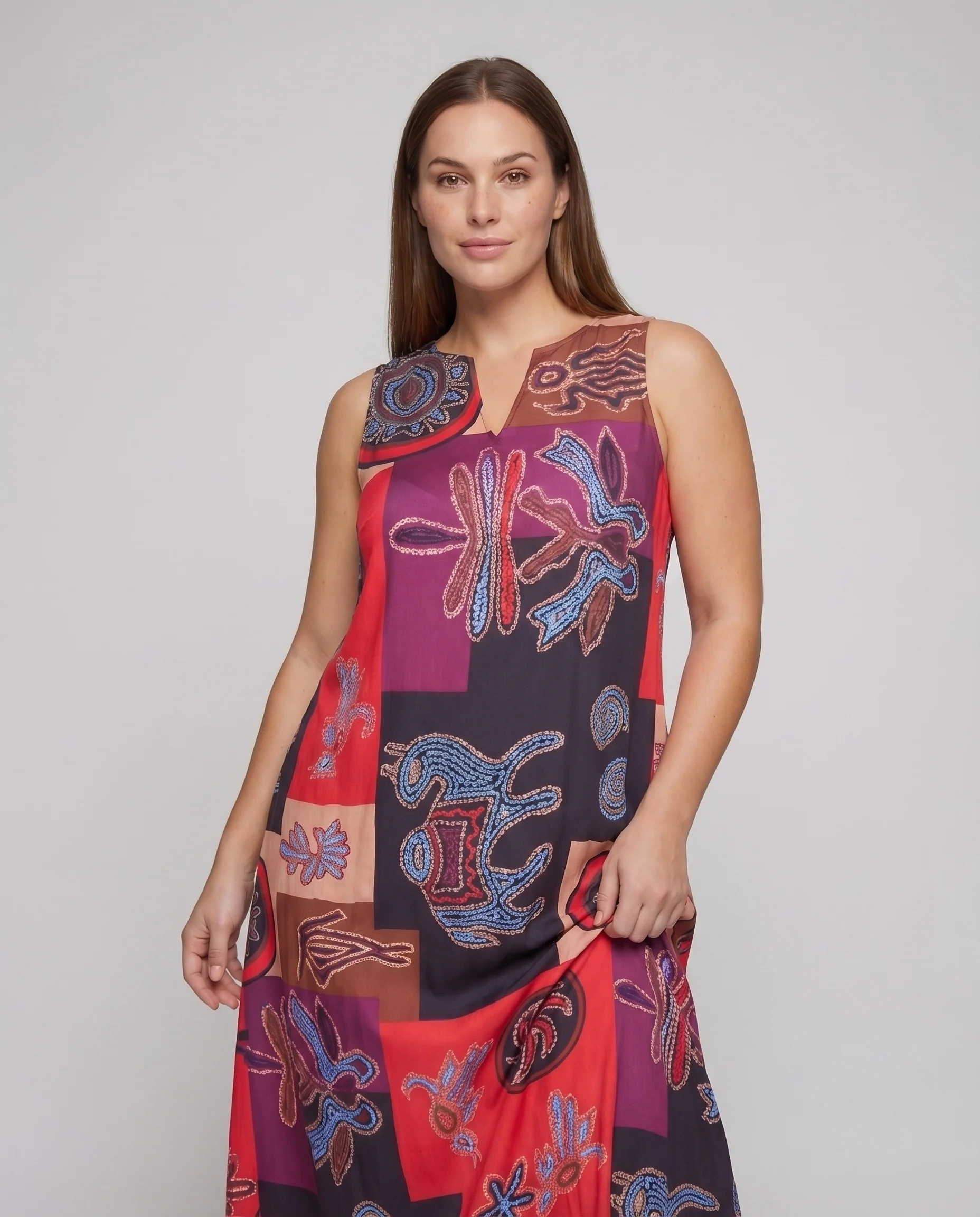 Damen Ärmelloses Maxikleid Patchworkmuster Ausgestellter Saum A-Linie - Image 2