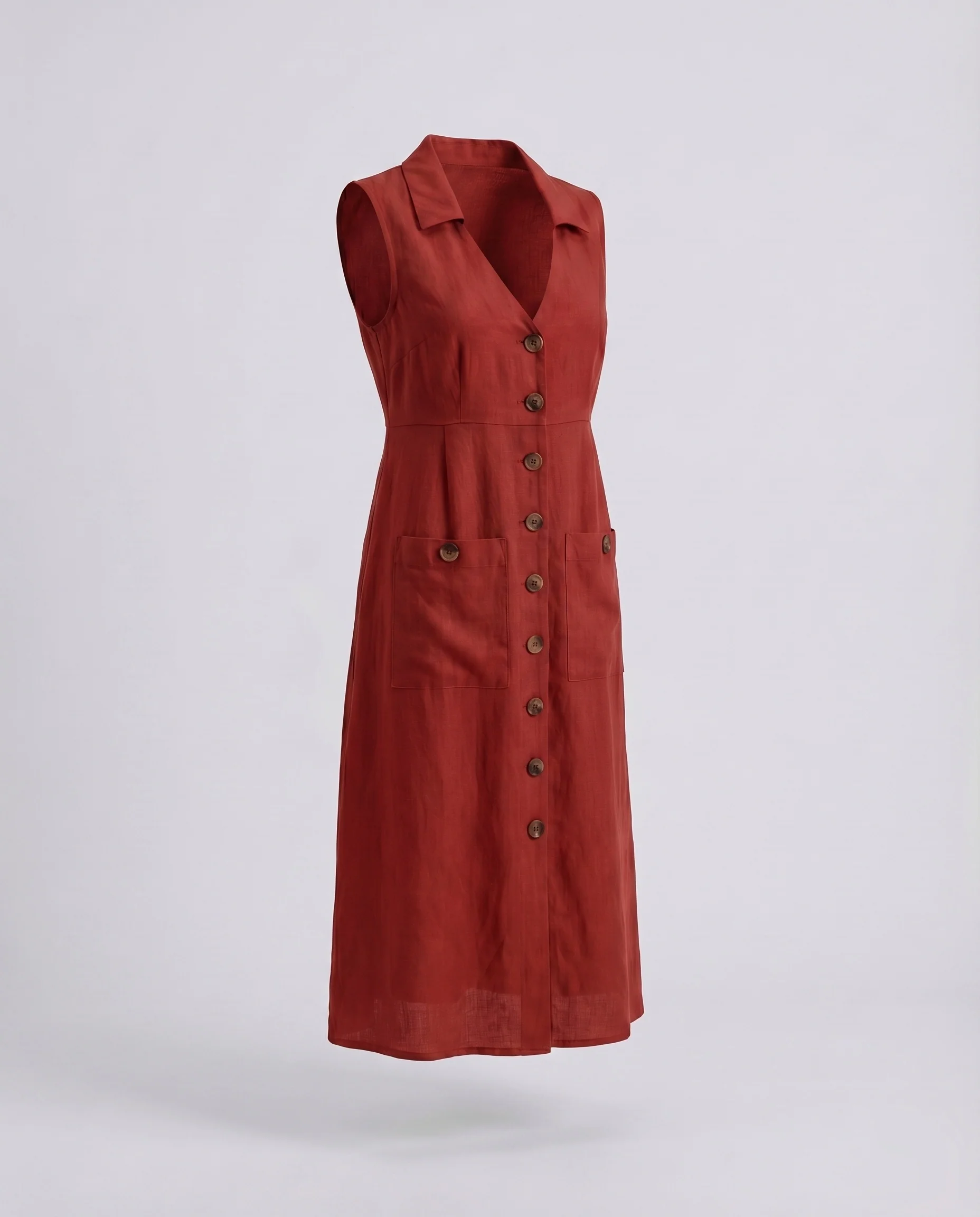 Damen Hemdkleid V-Ausschnitt Holzknopf-Leiste Hüfttaschen - Image 6
