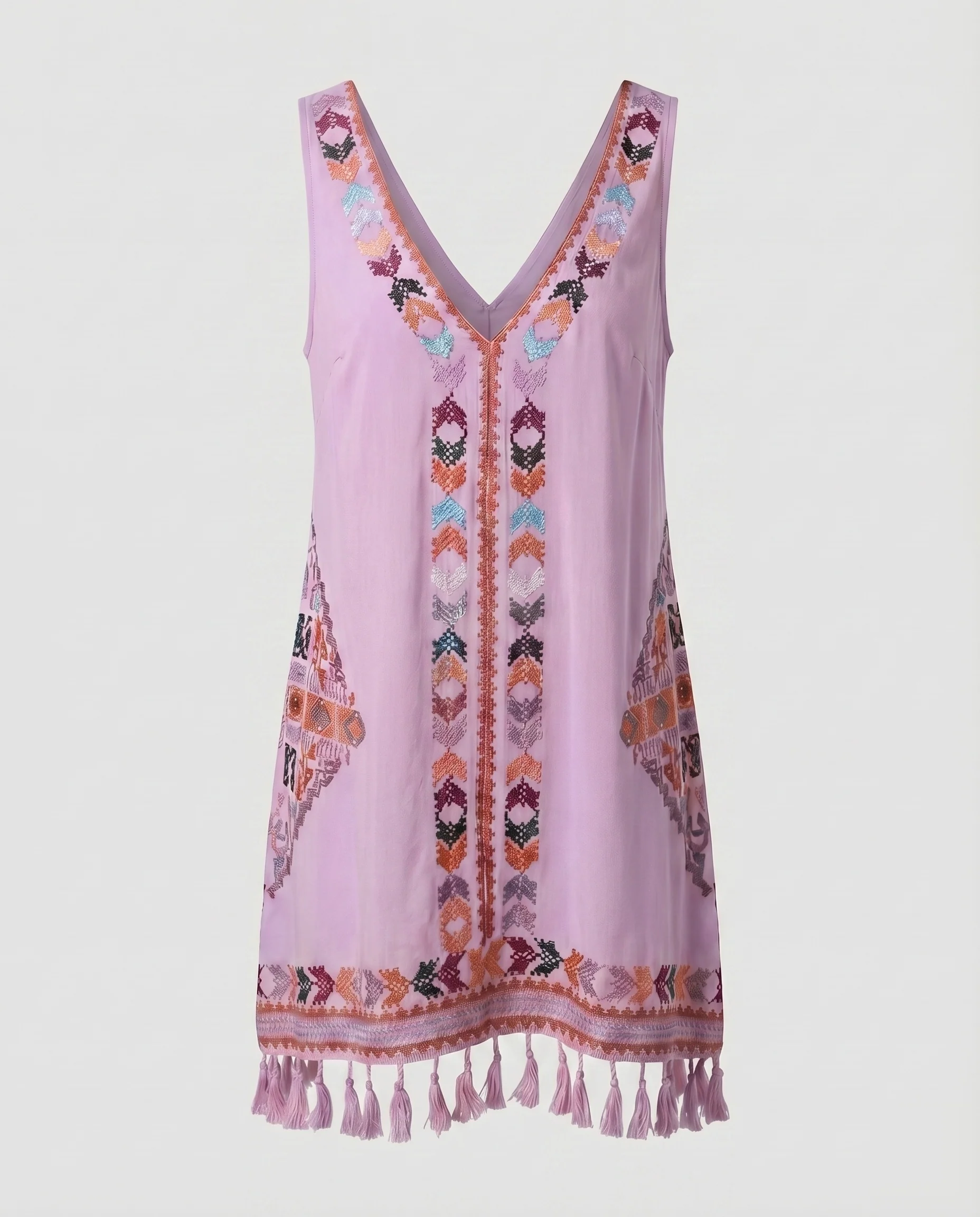 Damen Ibiza-Stickkleid V-Ausschnitt Geometrische Stickerei Fransen - Image 5
