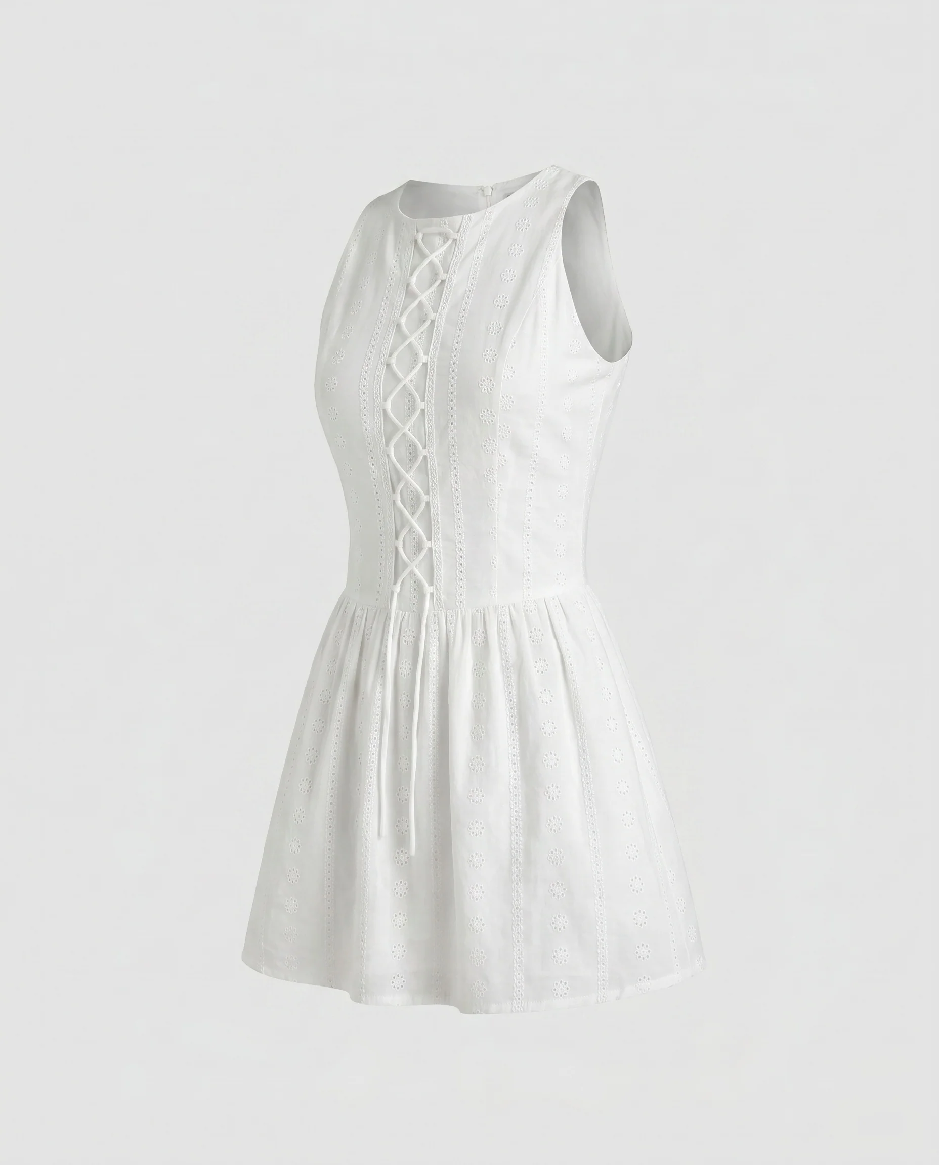 Damen nan ärmelloses Lochstickerei-Minikleid mit Schnürmieder und ausgestellter A-Linie - Image 4