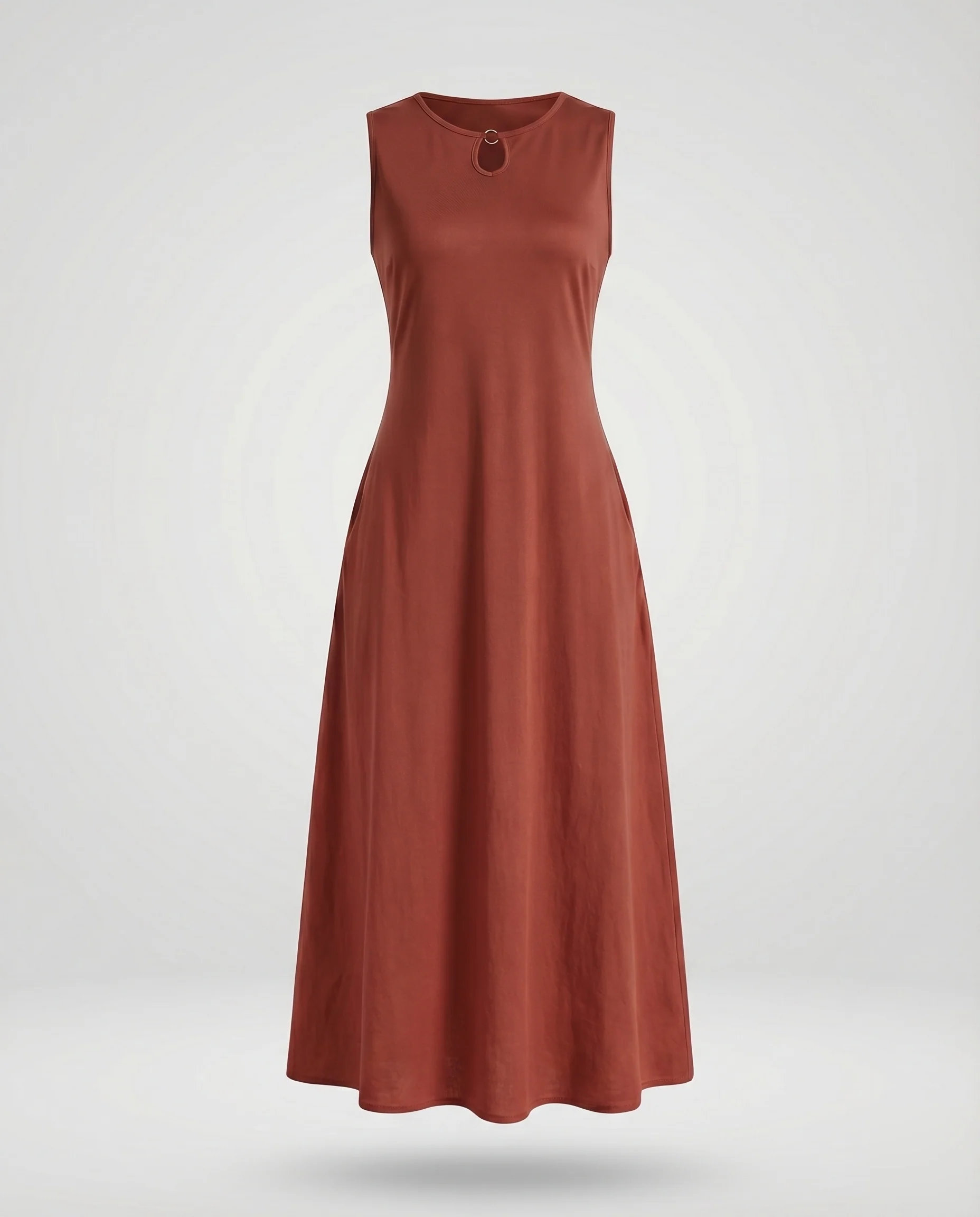 Damen Ärmelloses Maxikleid Saumbordüre Schlüsselloch-Ausschnitt Seitentaschen - Image 13