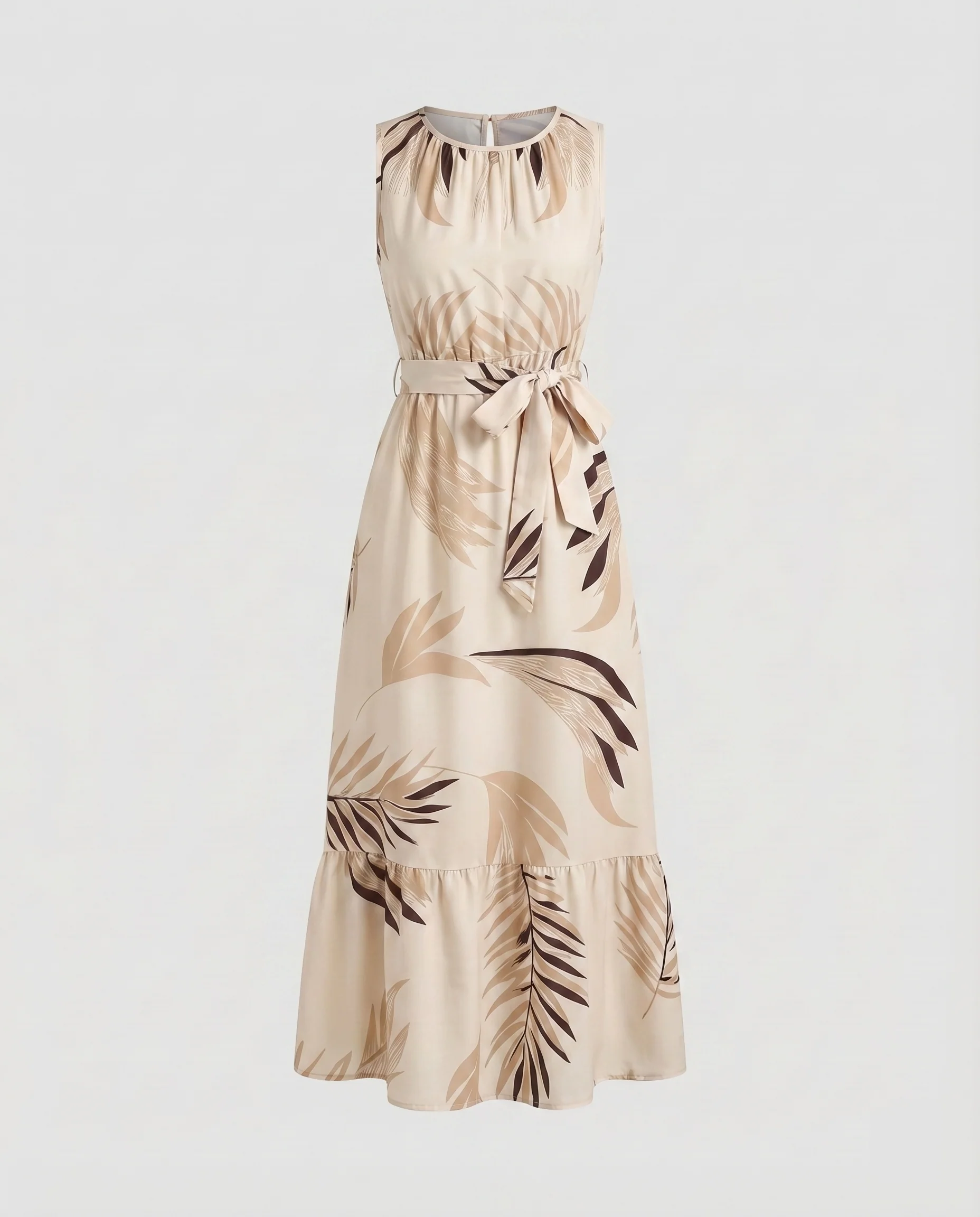 Damen Ärmelloses Maxikleid Taillengürtel Stufenvolant Rundhals - Image 8