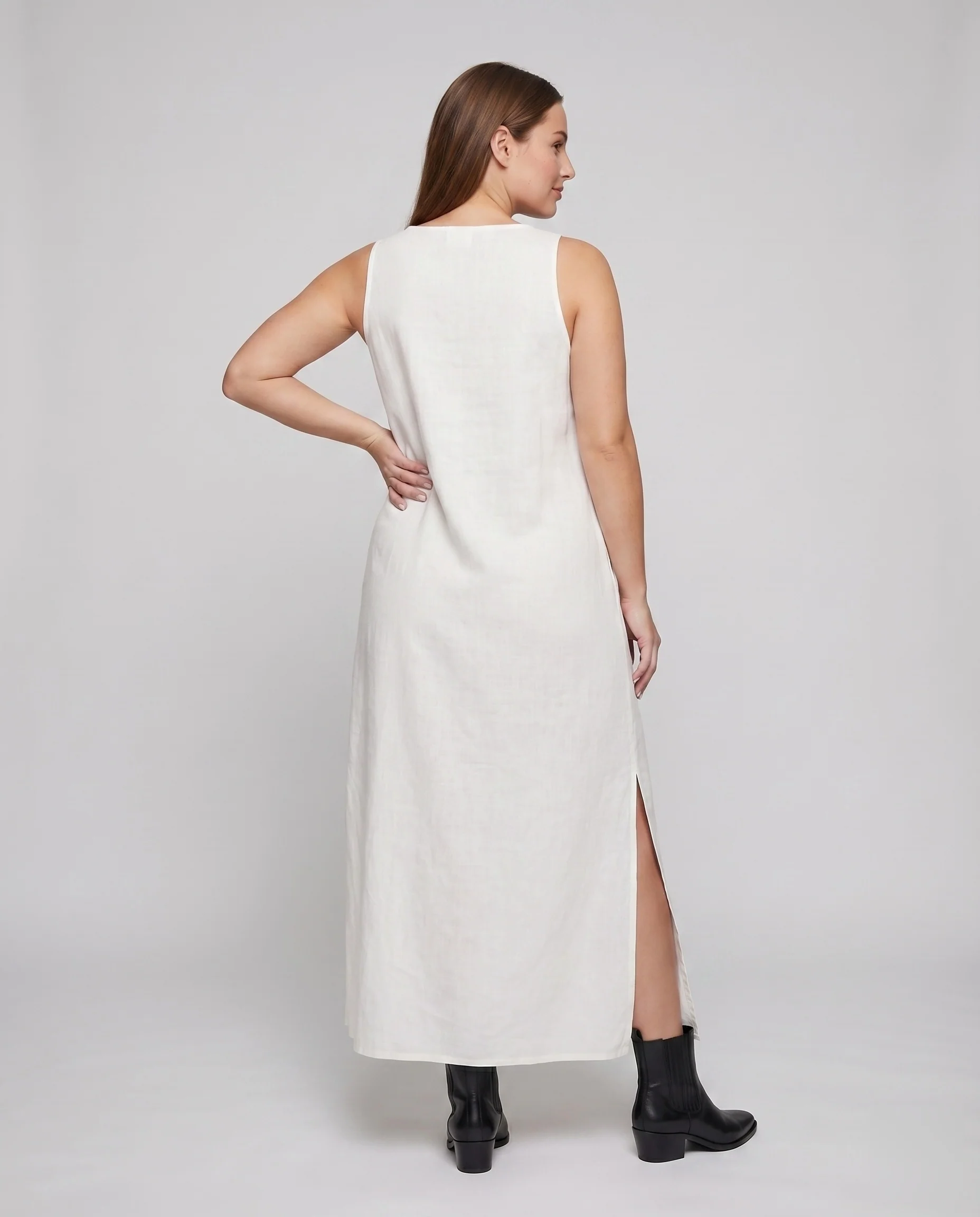 Damen Ärmelloses Maxikleid Medaillon-Applikation Seitenschlitze Leinenoptik - Image 4
