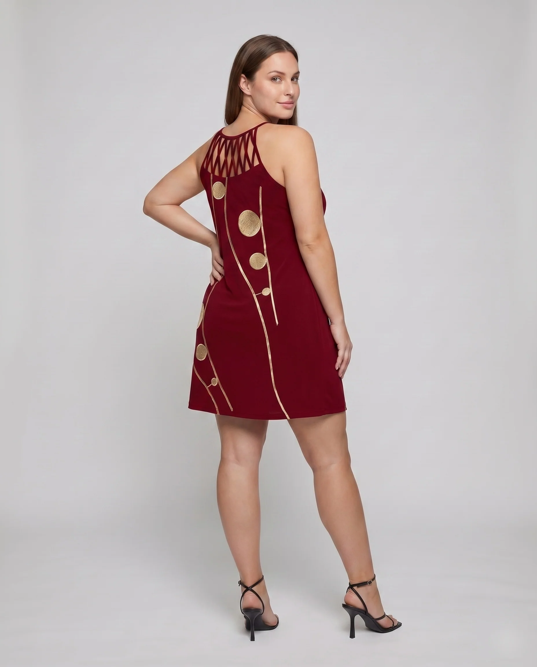 Damen Neckholder-Minikleid Gitter-Hals Asymmetrischer Saum Kreisapplikationen - Image 4