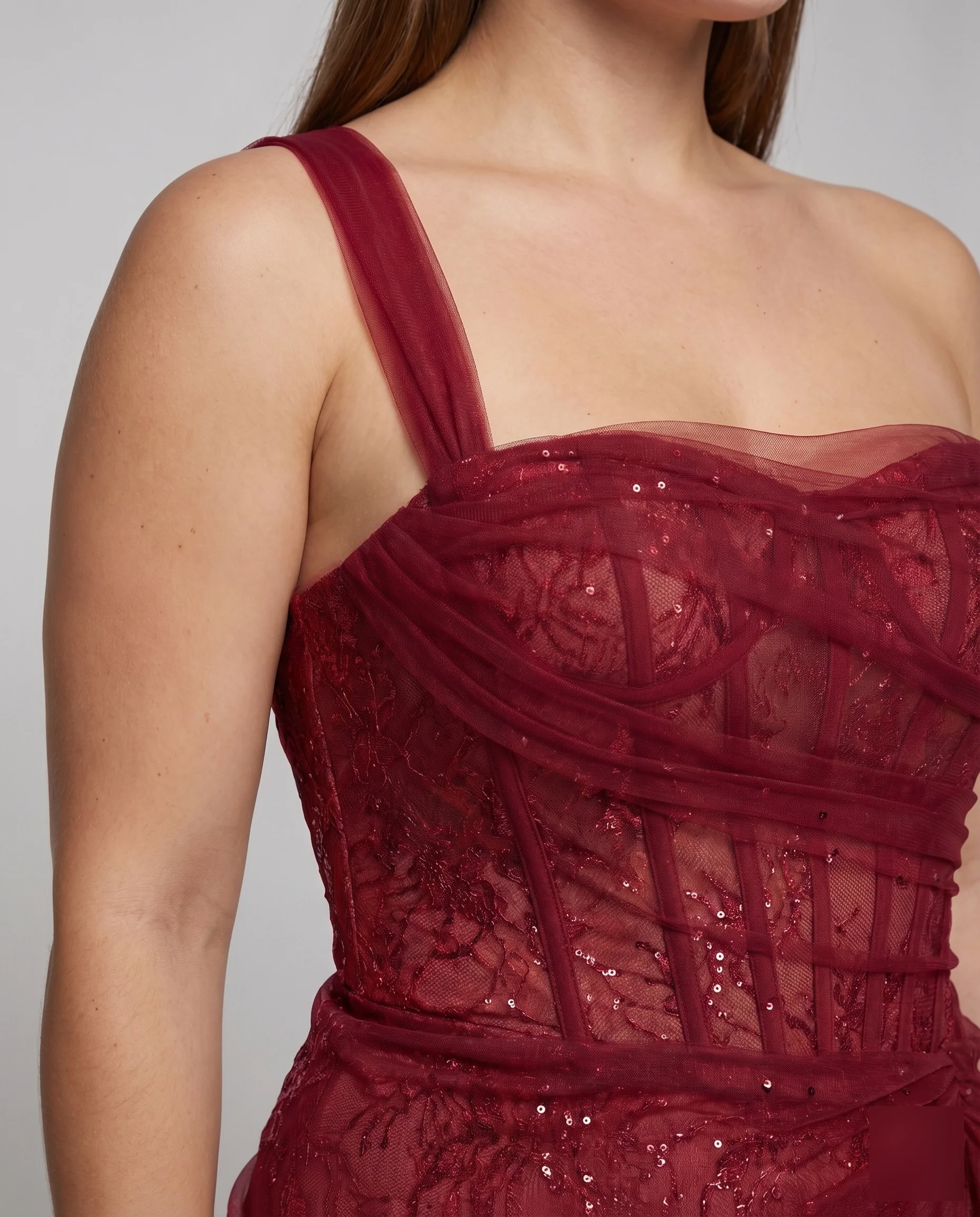 Damen Abendkleid Tüllschicht Taillierte Drapierung Asymmetrisch - Image 3