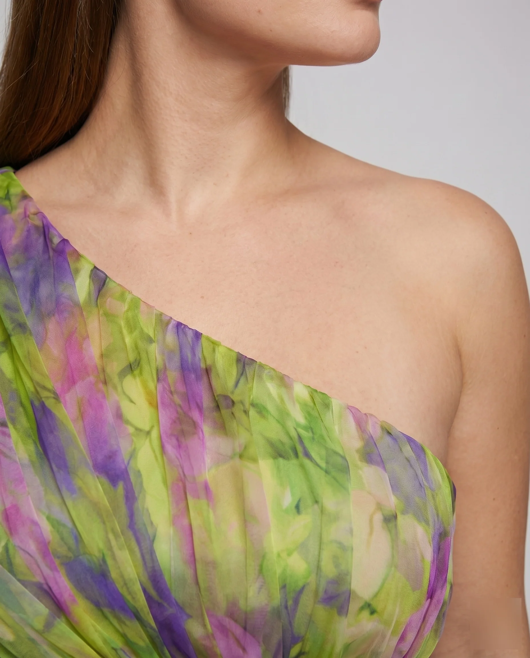 Damen Chiffon-Abendkleid Ein-Schulter Beinschlitz Federblumen - Image 3