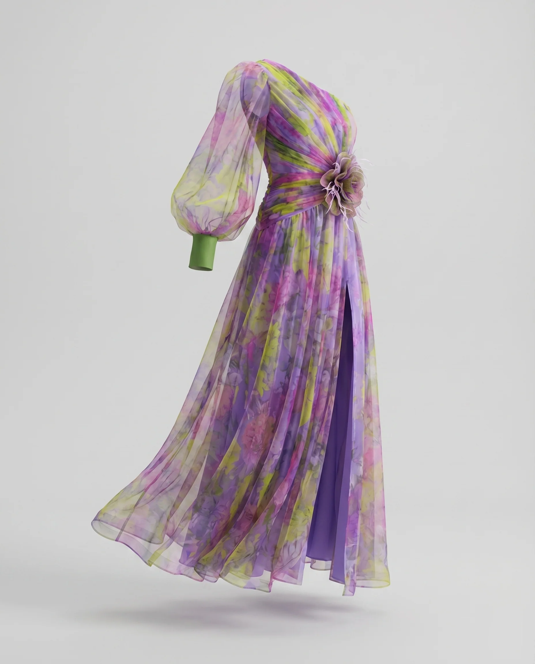 Damen Chiffon-Abendkleid Ein-Schulter Beinschlitz Federblumen - Image 5