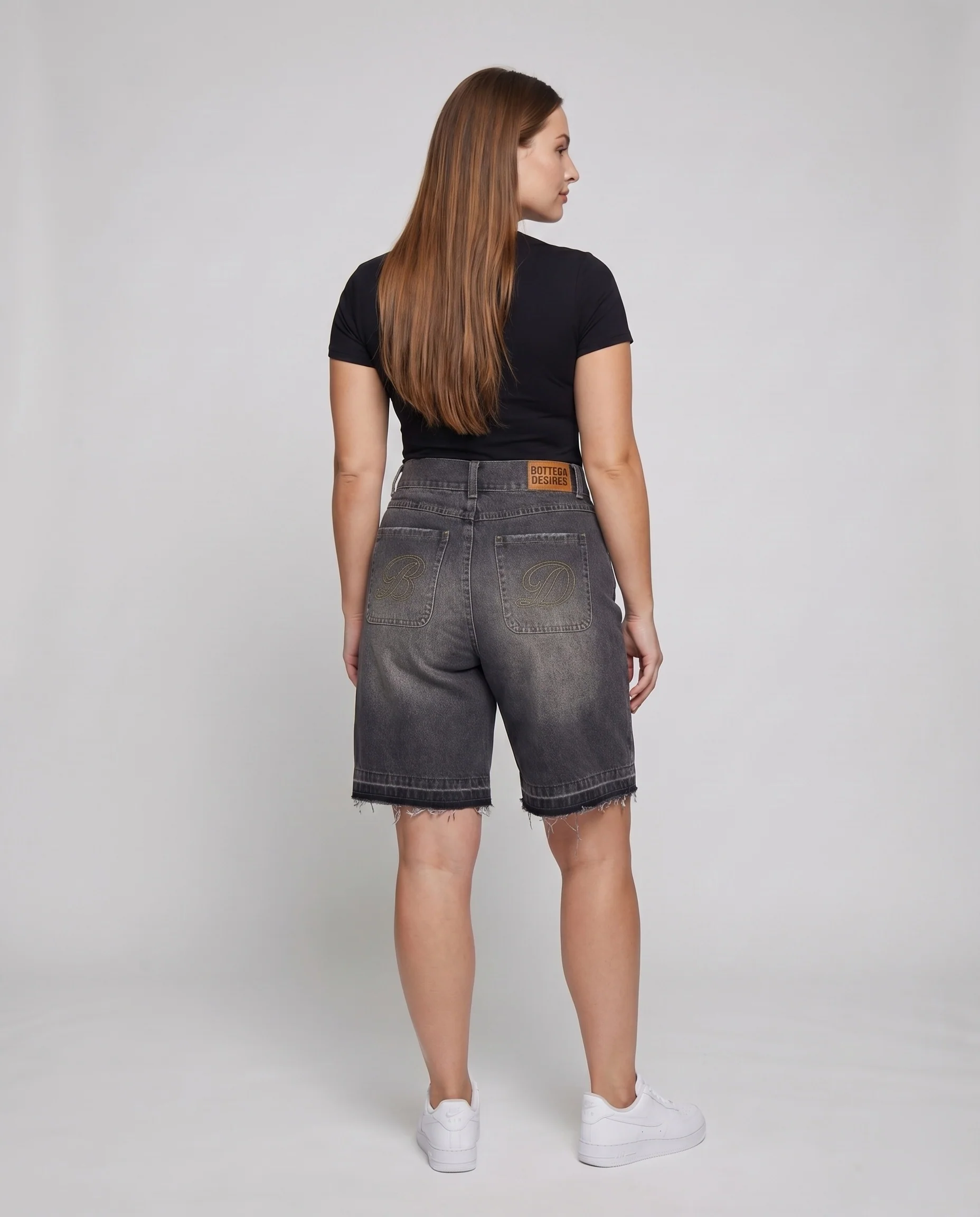 Damen Denim-Bermuda Logo-Schriftzug High-Waist Fransen - Image 4