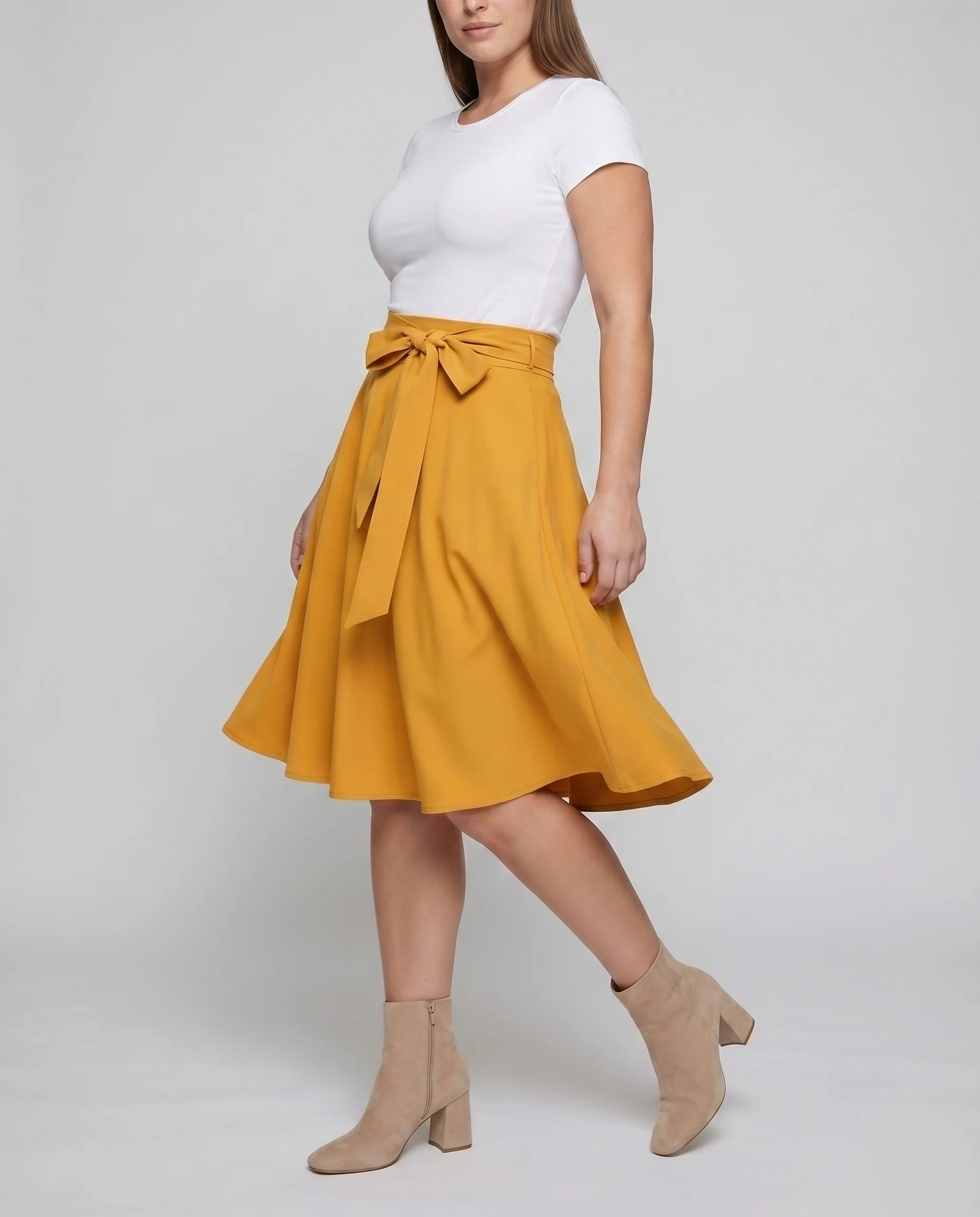 Damen Feminine Breite Taillenschleife Mischgewebe Teller-Midirock - Image 2