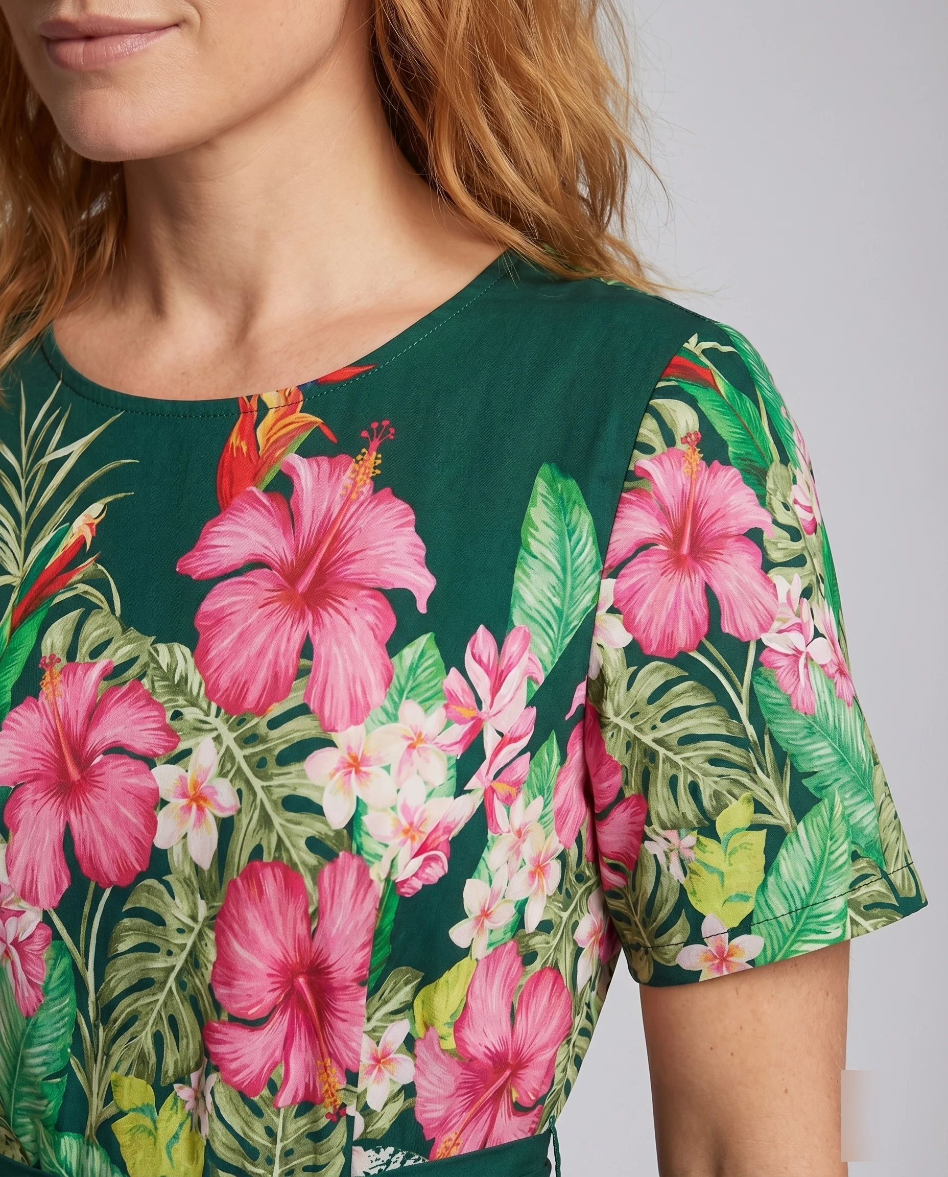 Damen Tellerkleid Tropen-Blumenbordüre Bindegürtel Kurze Ärmel - Image 3