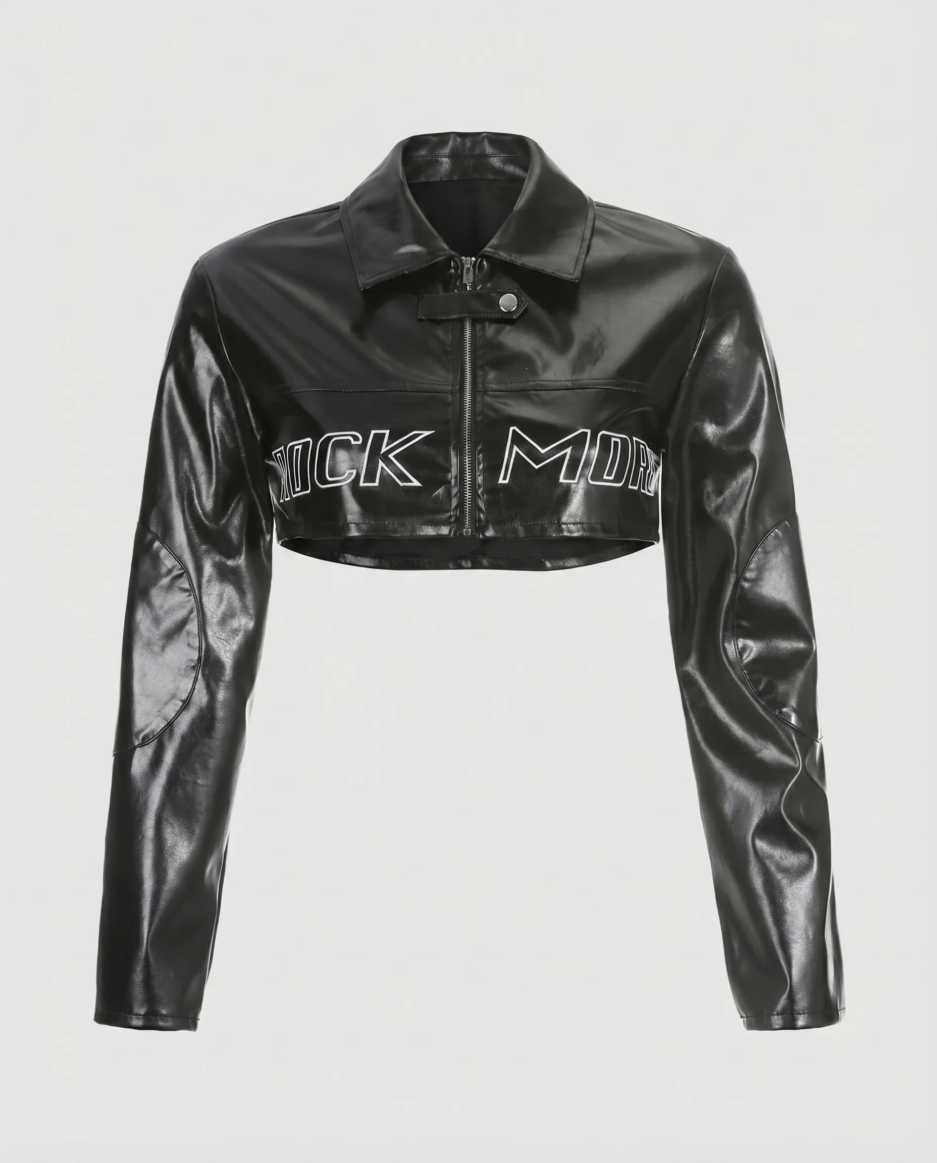 Damen Bikerblazer Kunstleder Cropped Lettering-Applikation - Image 5