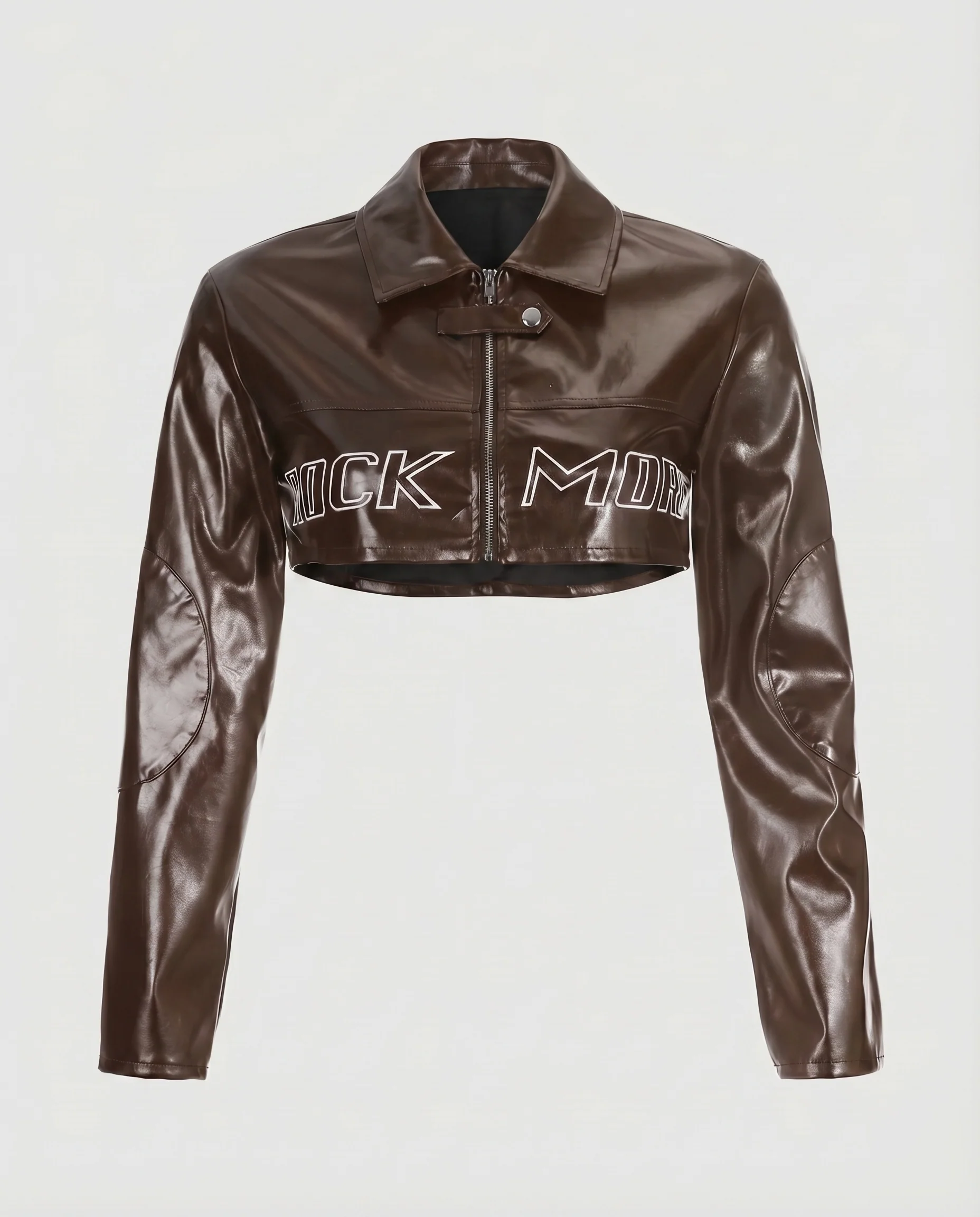 Damen Bikerblazer Kunstleder Cropped Lettering-Applikation - Image 7
