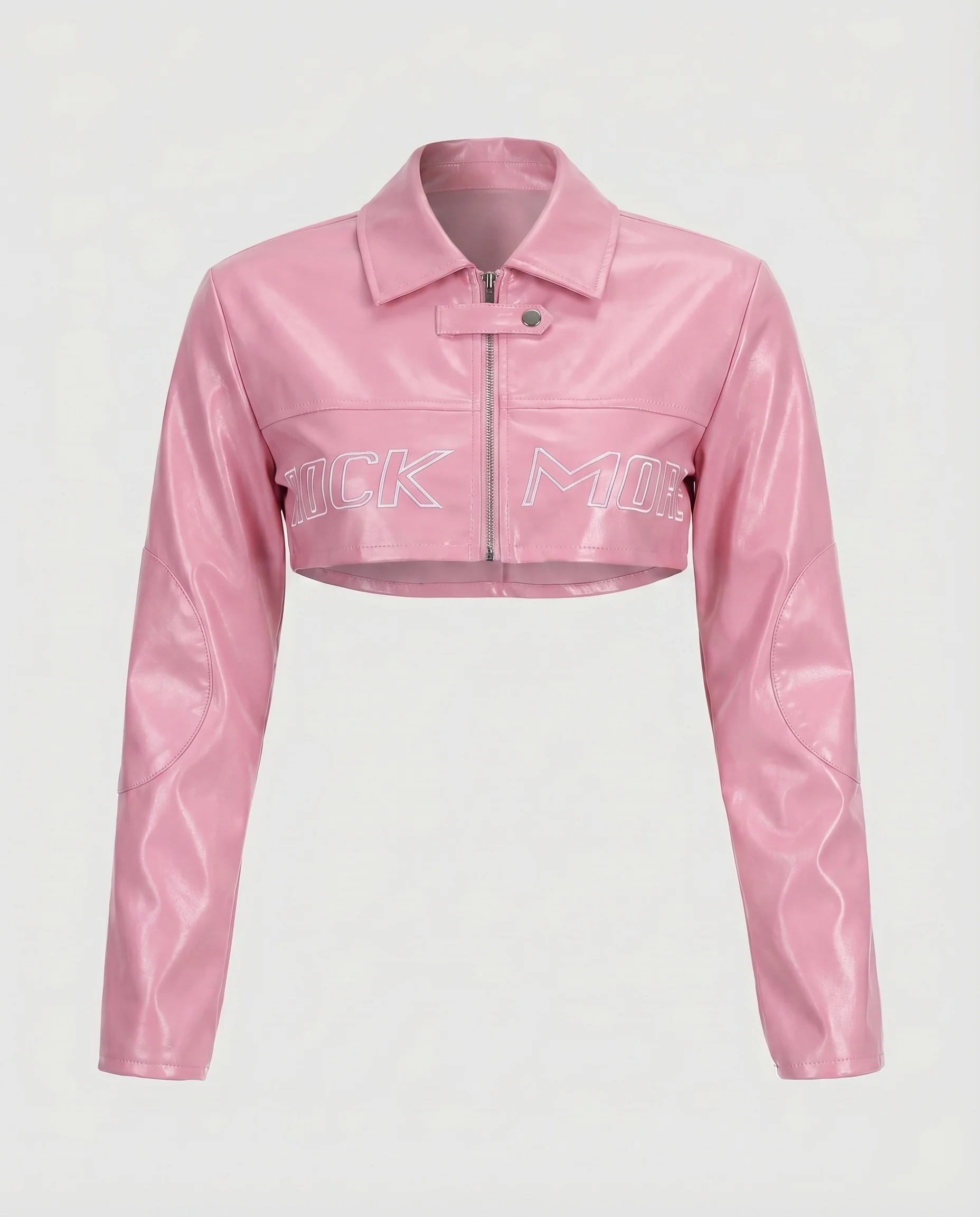 Damen Bikerblazer Kunstleder Cropped Lettering-Applikation - Image 8