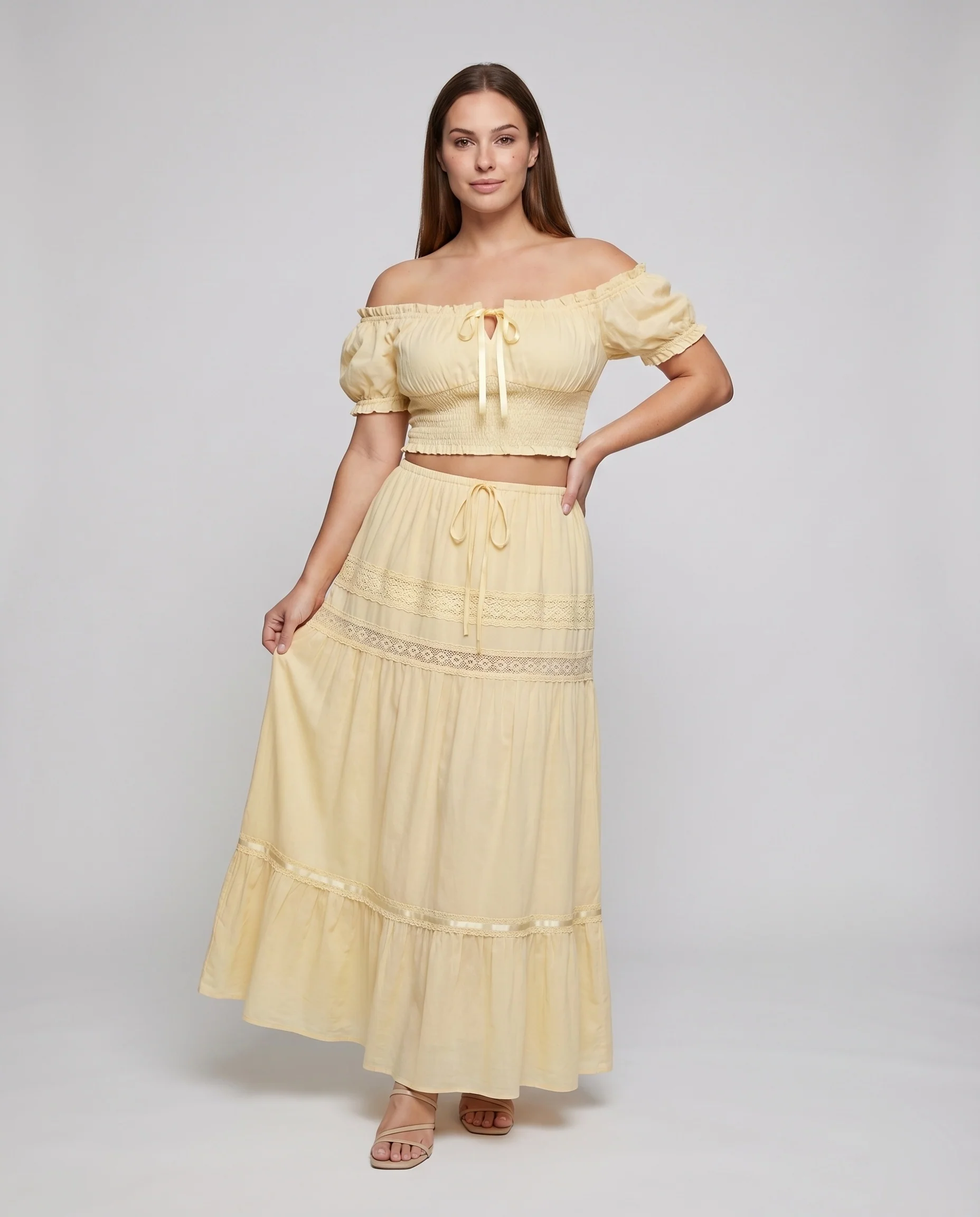 Damen Boho-Set Carmen-Oberteil Spitzenmaxirock Zweiteilig